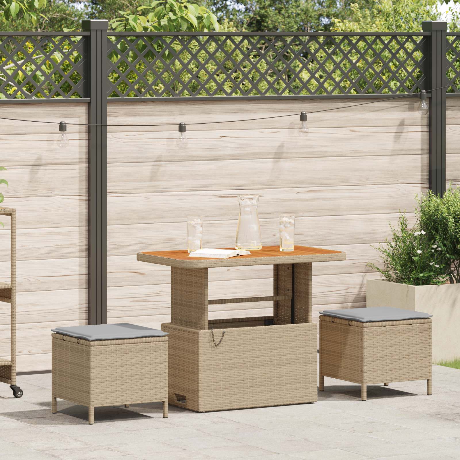 3 Piece Garden Dining Set with Cushions Beige Poly Rattan Acacia