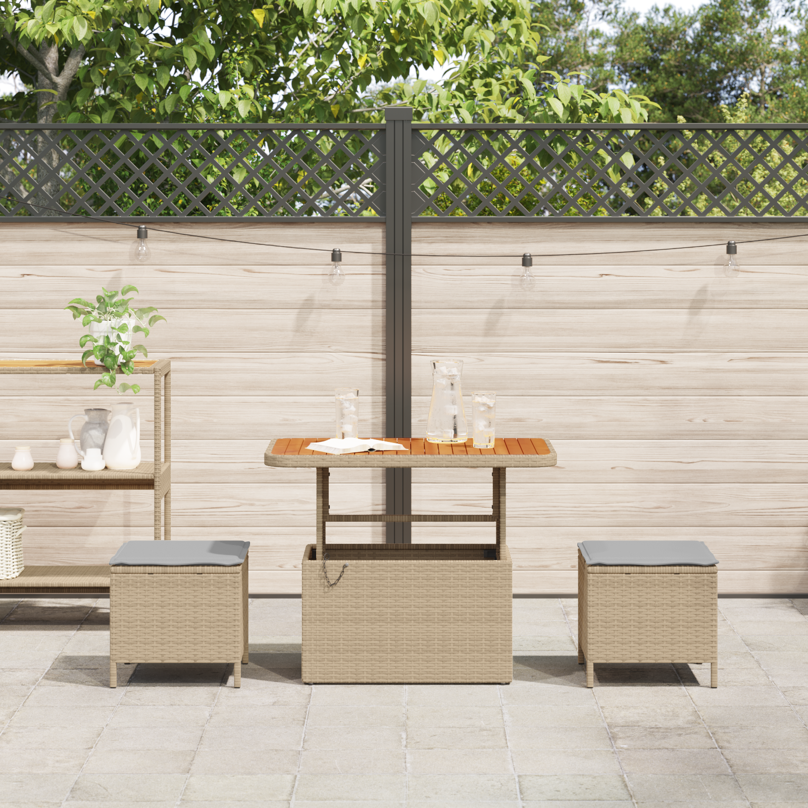 3 Piece Garden Dining Set with Cushions Beige Poly Rattan Acacia - Image 4