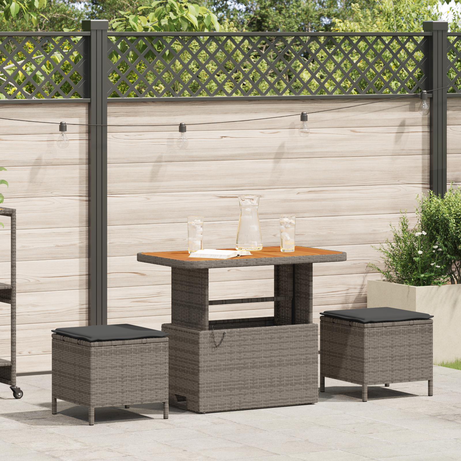 3 Piece Garden Dining Set with Cushions Grey Poly Rattan Acacia