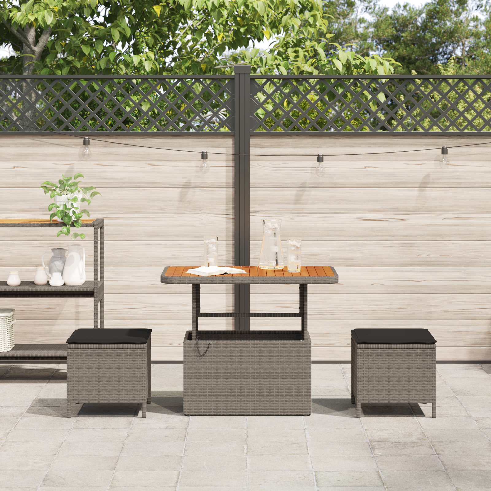 3 Piece Garden Dining Set with Cushions Grey Poly Rattan Acacia - Image 4