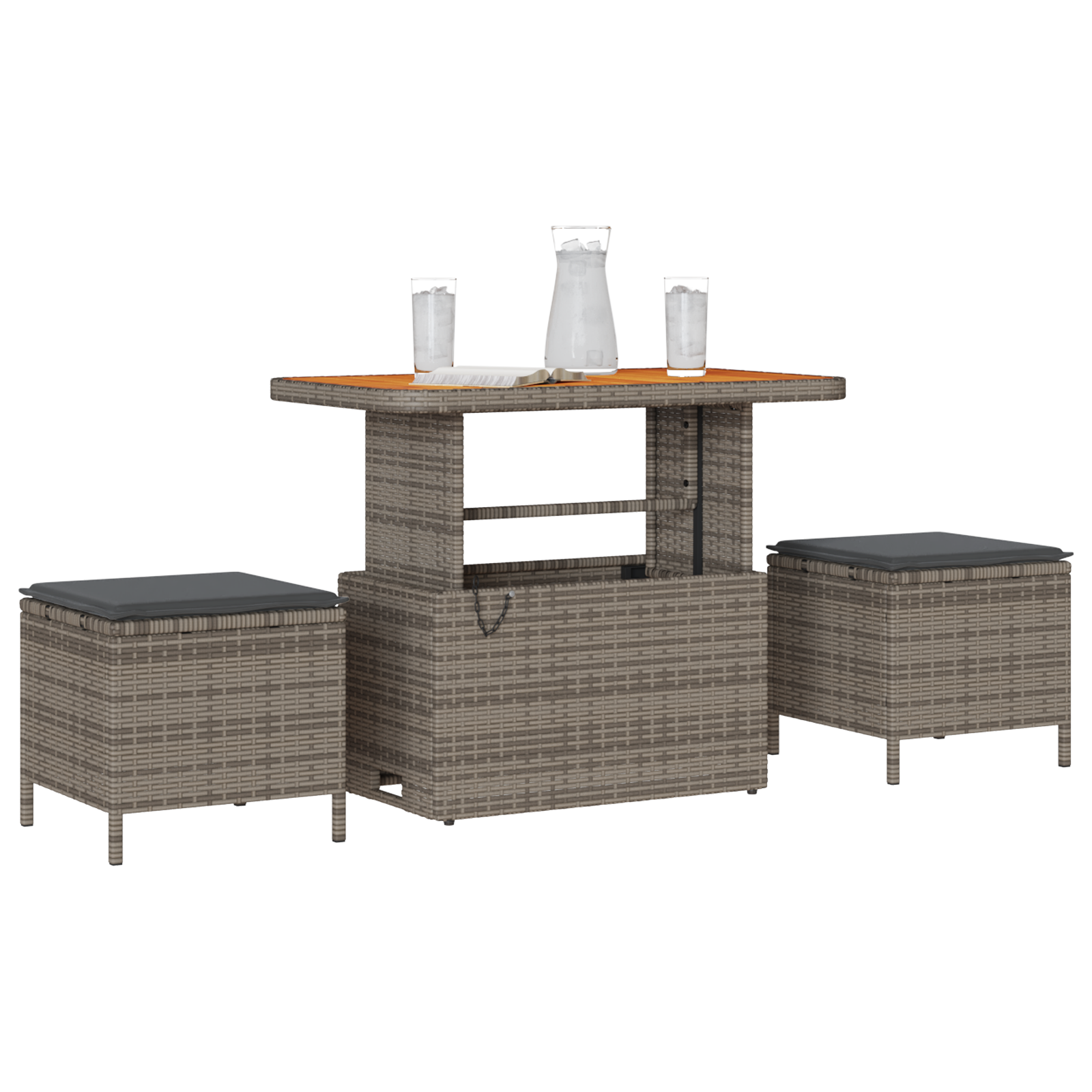 3 Piece Garden Dining Set with Cushions Grey Poly Rattan Acacia - Image 3
