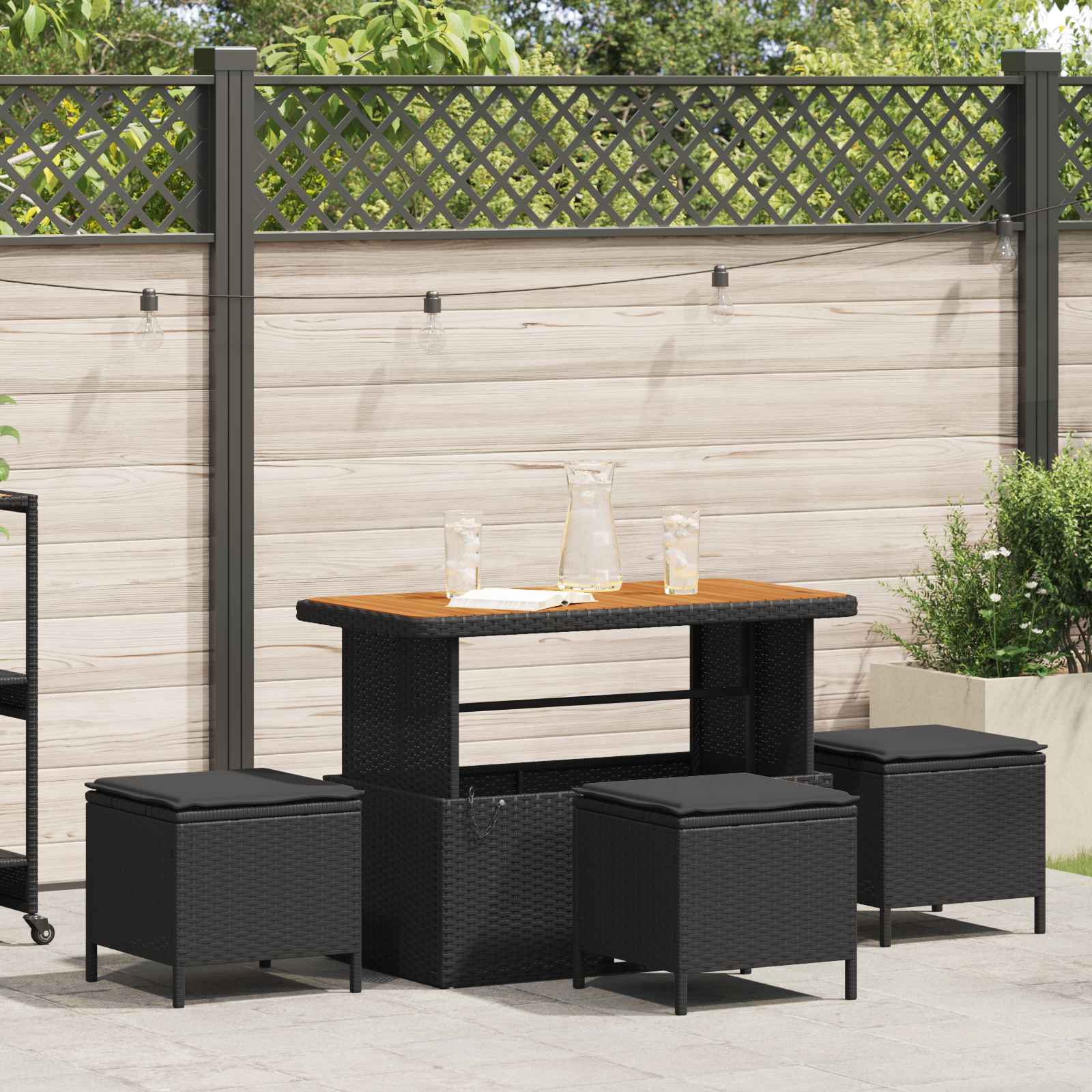 4 Piece Garden Dining Set with Cushions Black Poly Rattan Acacia