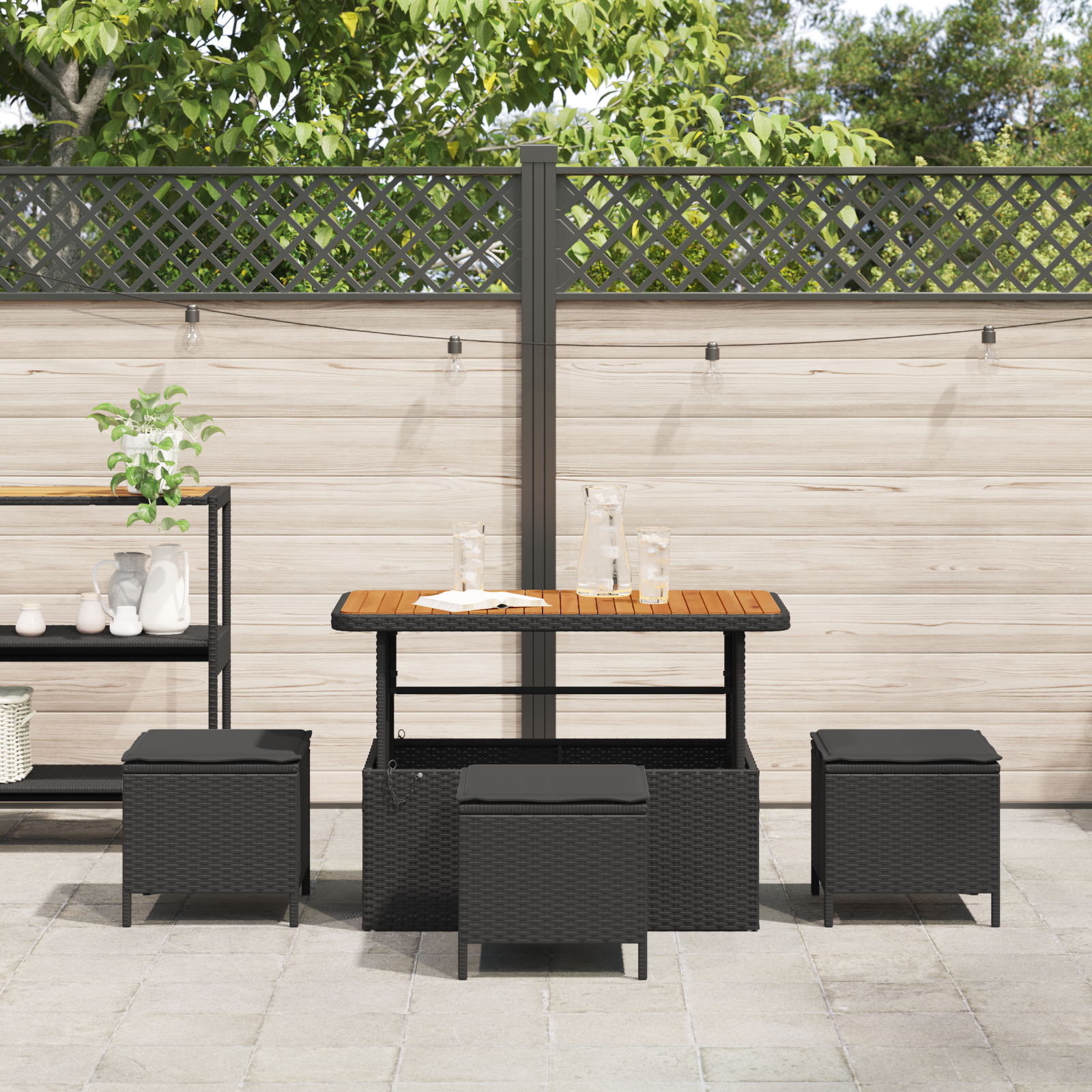 4 Piece Garden Dining Set with Cushions Black Poly Rattan Acacia - Image 4
