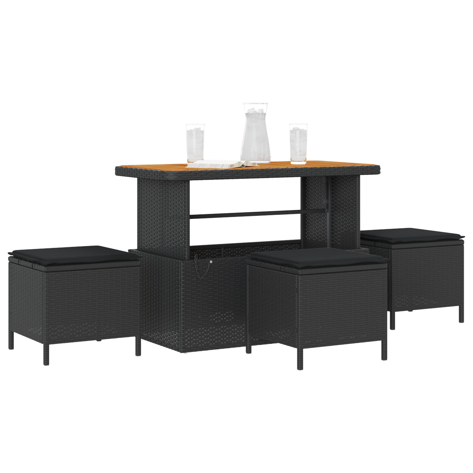 4 Piece Garden Dining Set with Cushions Black Poly Rattan Acacia - Image 3