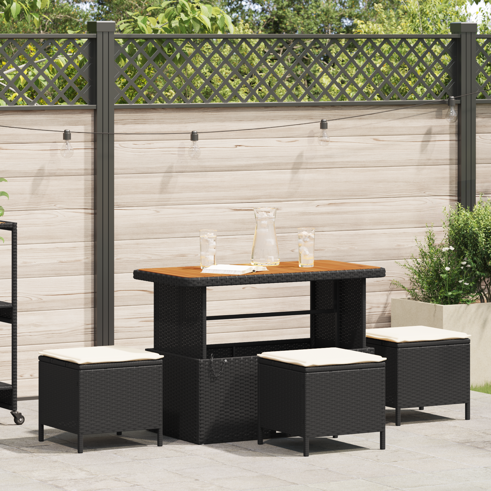 4 Piece Garden Dining Set with Cushions Black Poly Rattan Acacia