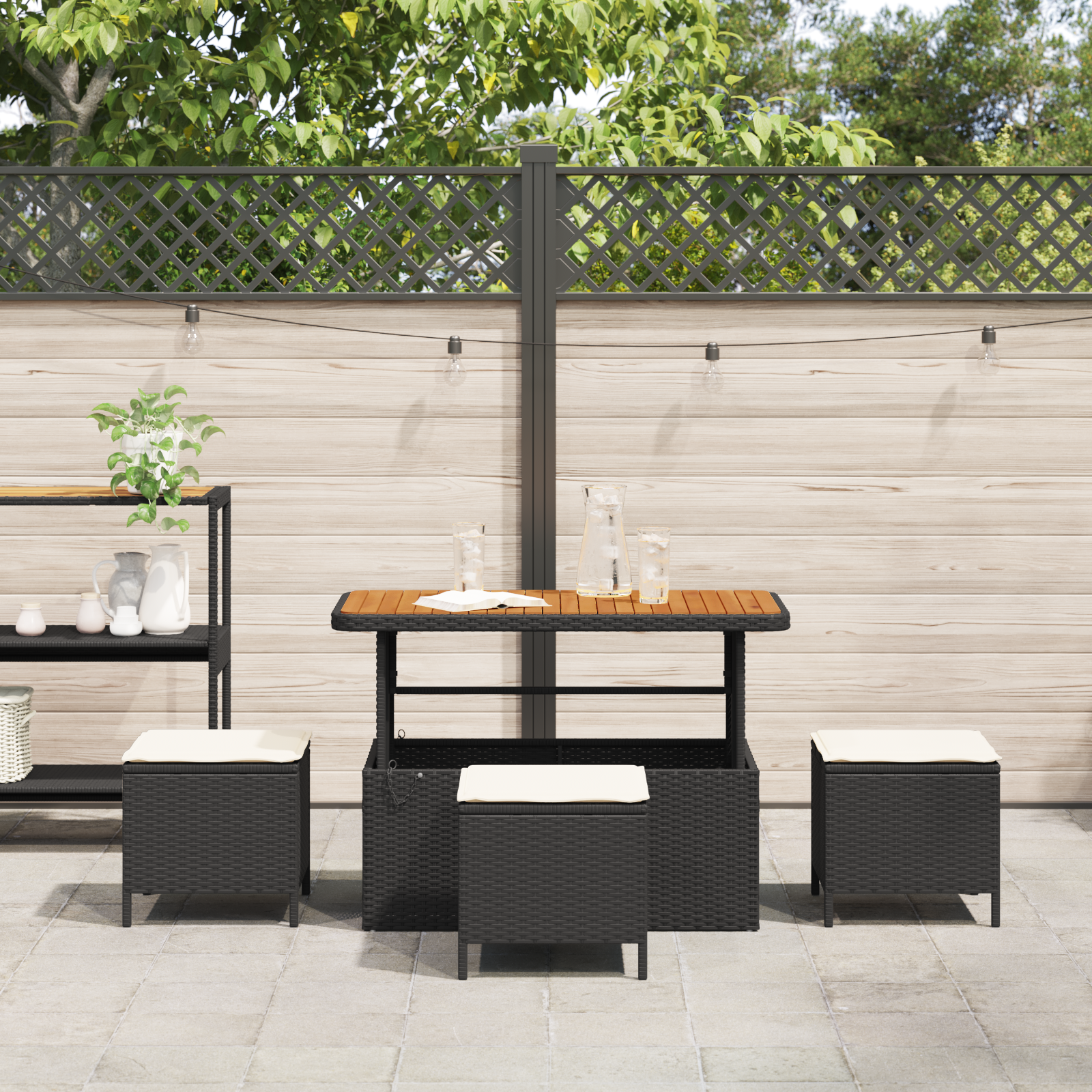 4 Piece Garden Dining Set with Cushions Black Poly Rattan Acacia - Image 4