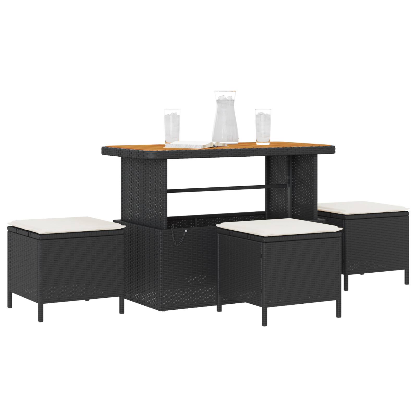 4 Piece Garden Dining Set with Cushions Black Poly Rattan Acacia - Image 3