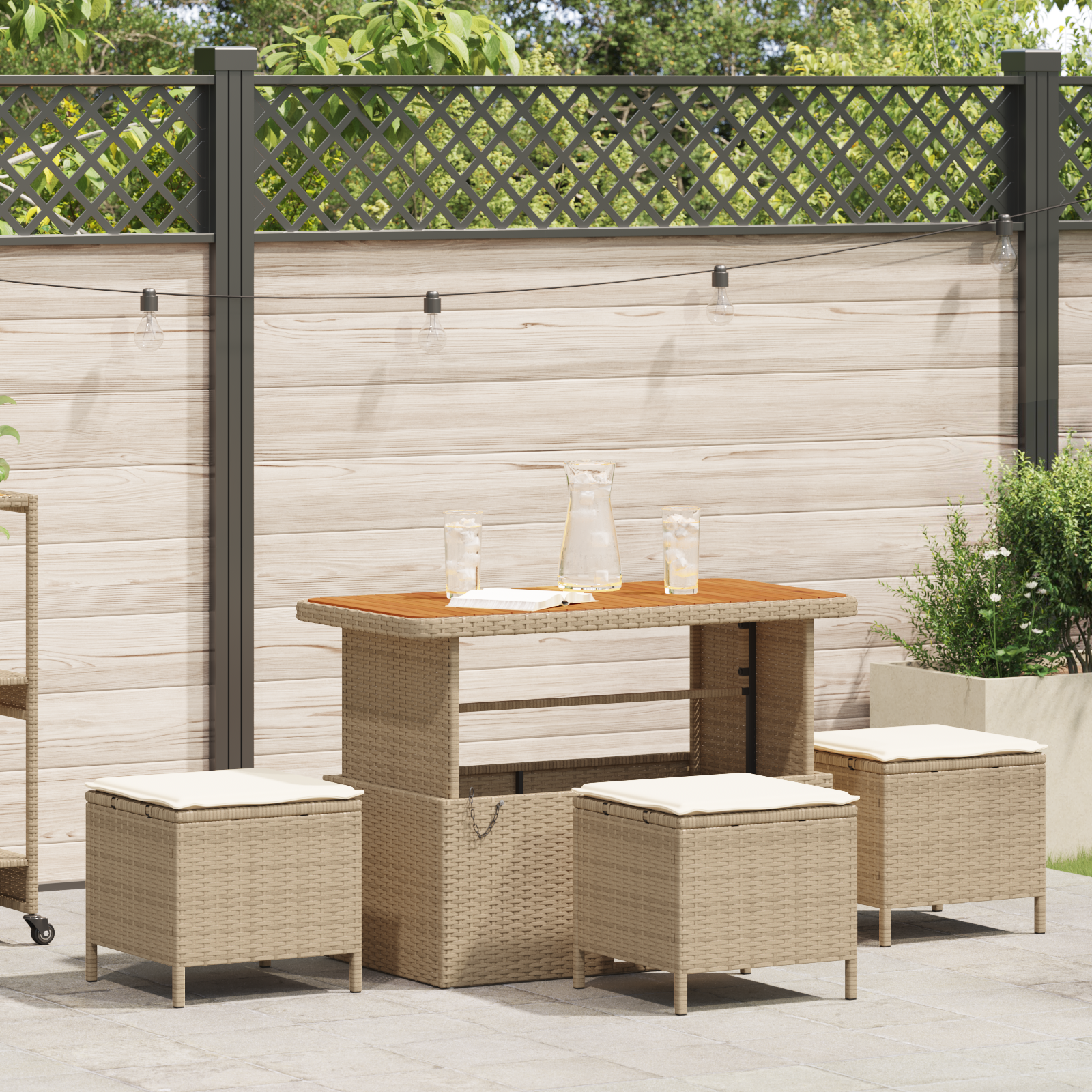 4 Piece Garden Dining Set with Cushions Beige Poly Rattan Acacia