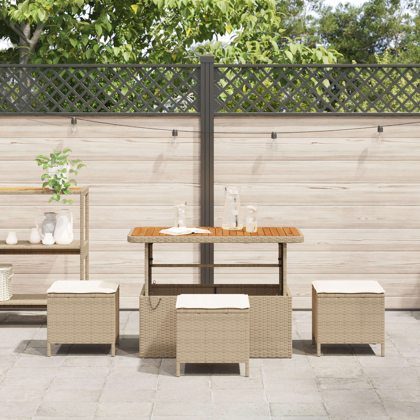 4 Piece Garden Dining Set with Cushions Beige Poly Rattan Acacia - Image 4