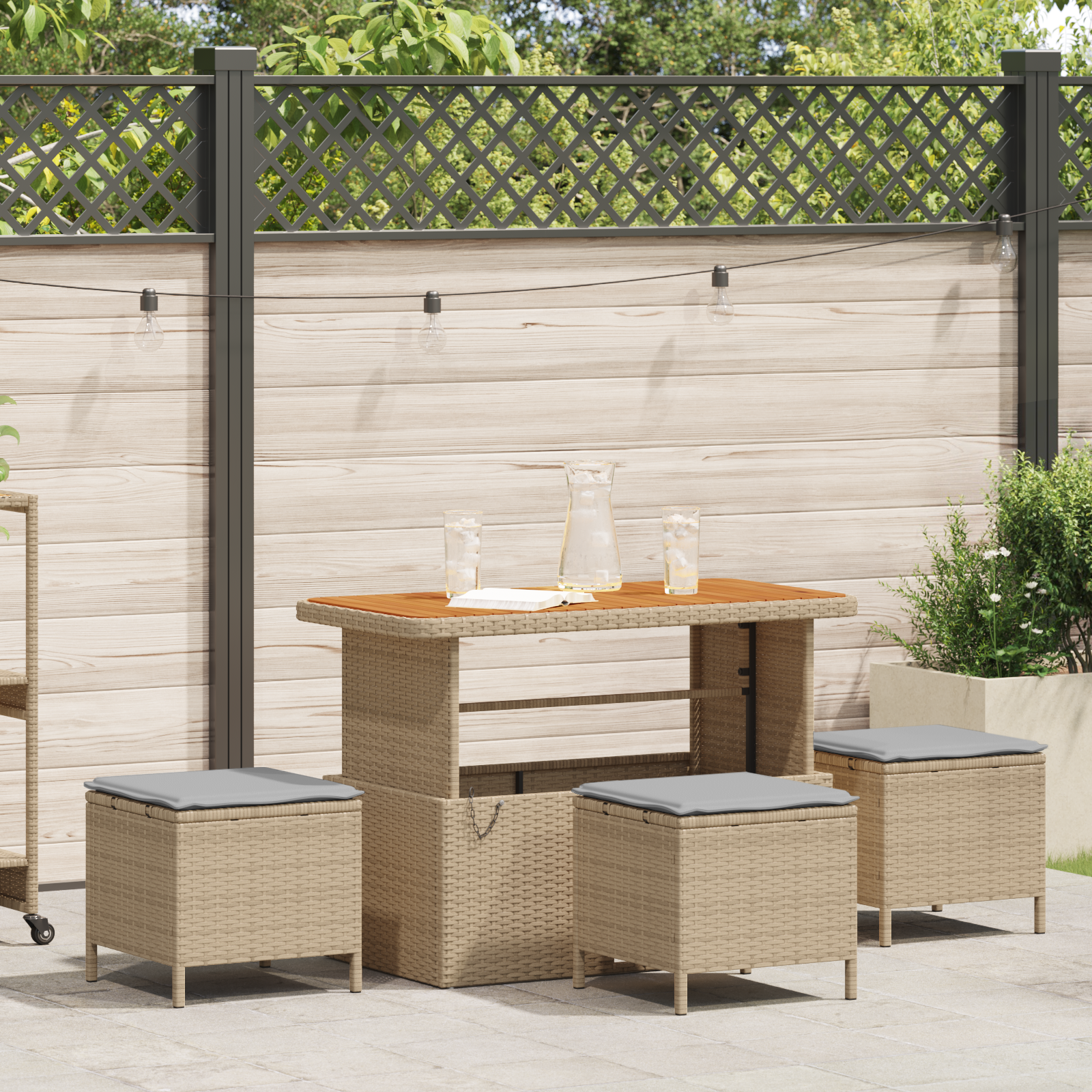 4 Piece Garden Dining Set with Cushions Beige Poly Rattan Acacia