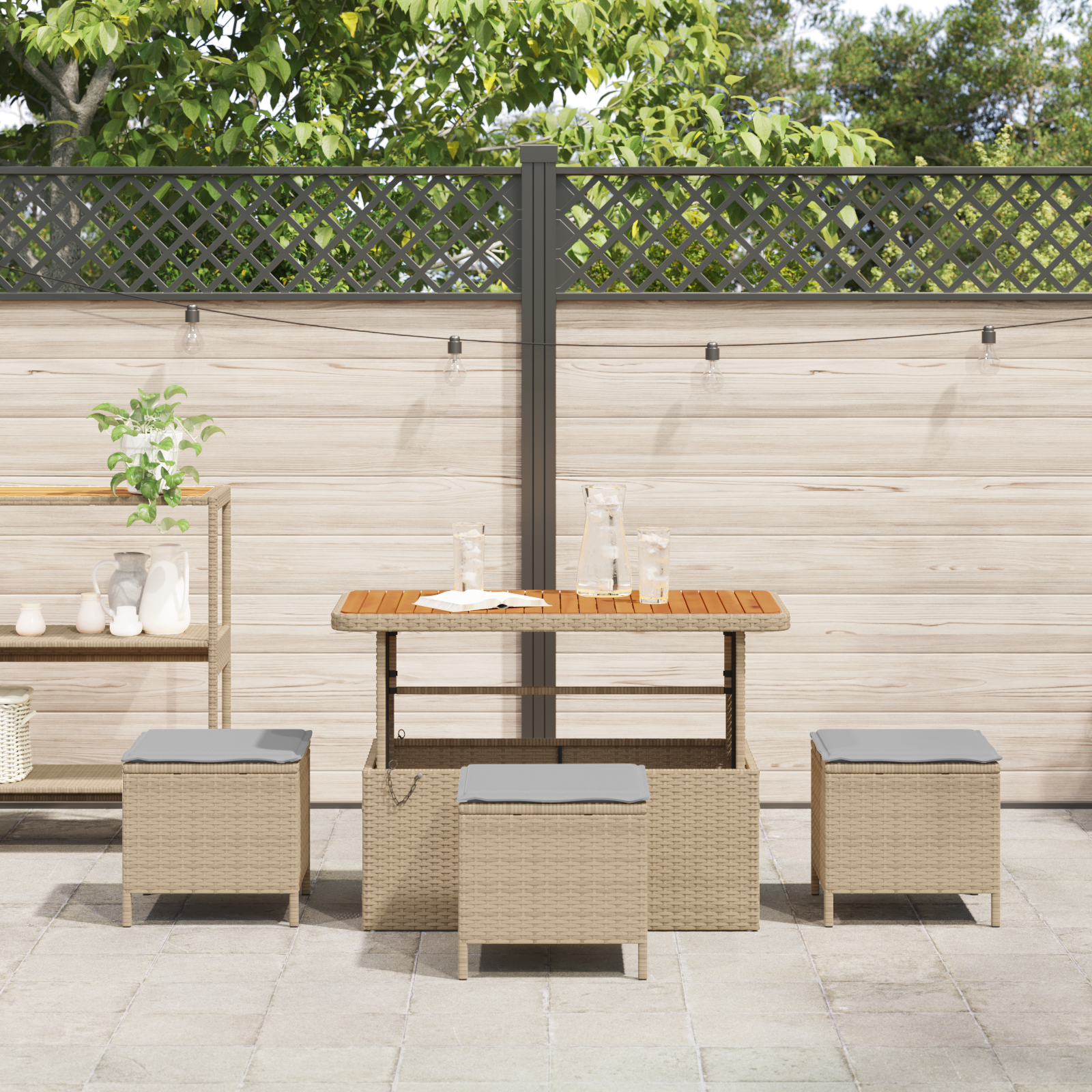 4 Piece Garden Dining Set with Cushions Beige Poly Rattan Acacia - Image 4