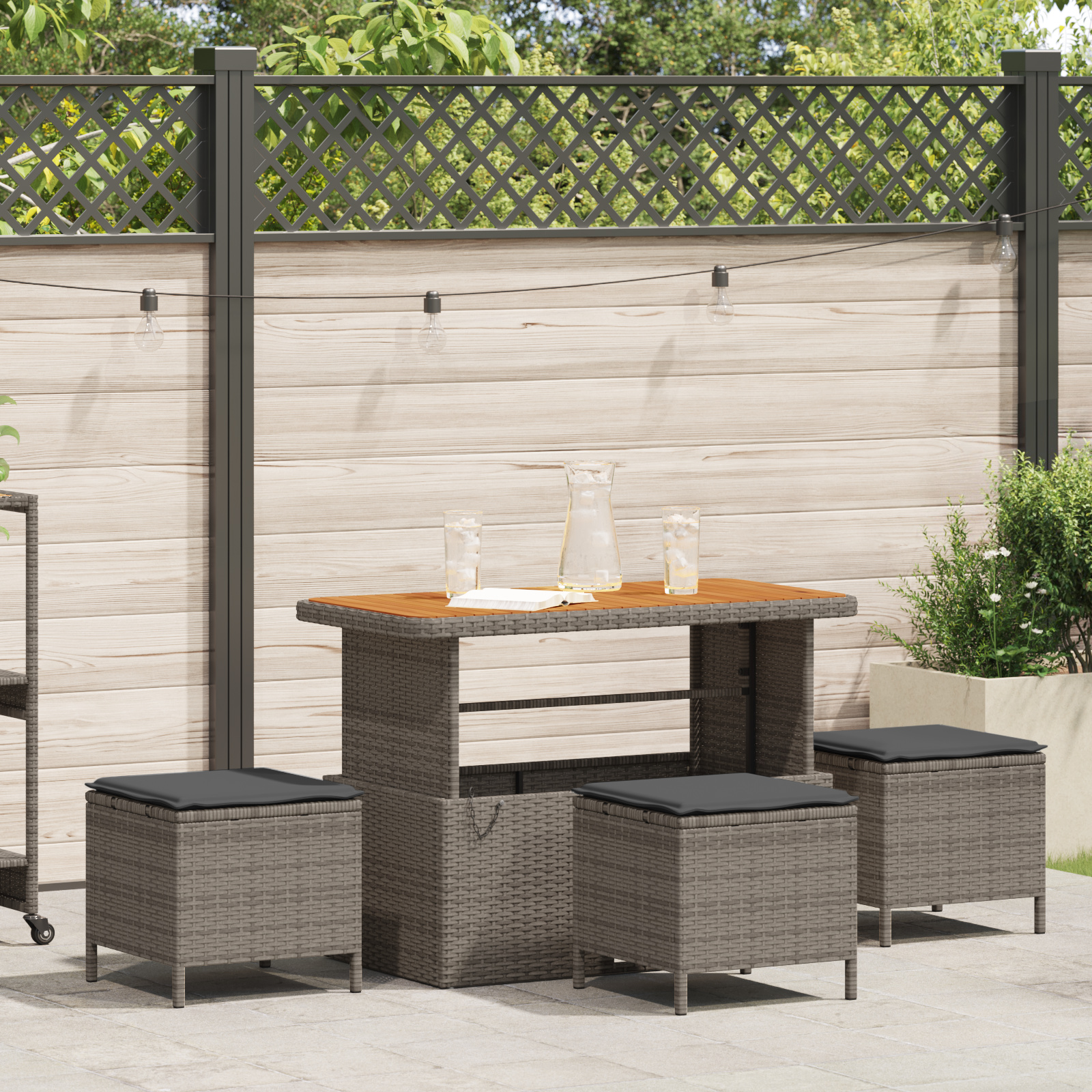 4 Piece Garden Dining Set with Cushions Grey Poly Rattan Acacia