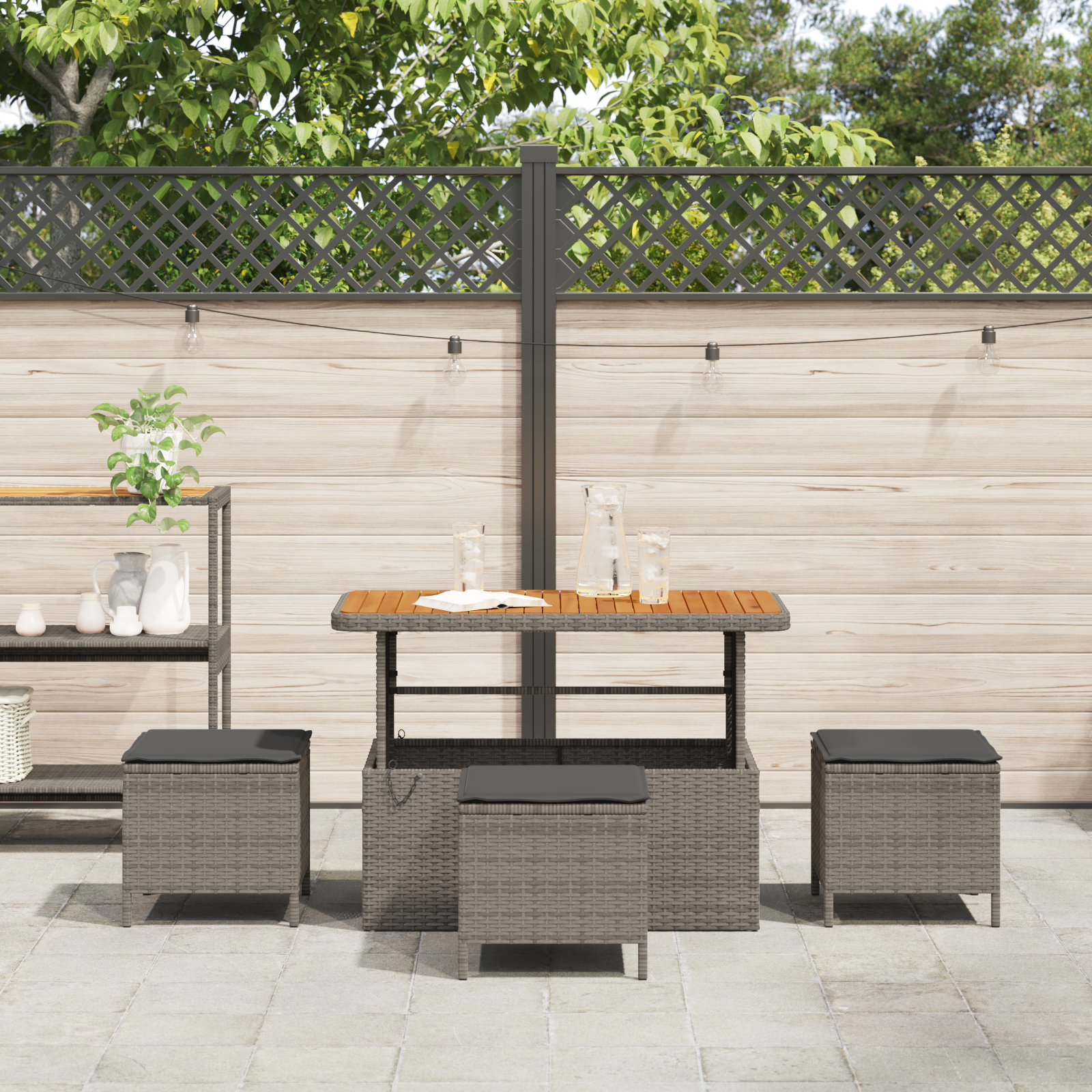 4 Piece Garden Dining Set with Cushions Grey Poly Rattan Acacia - Image 4
