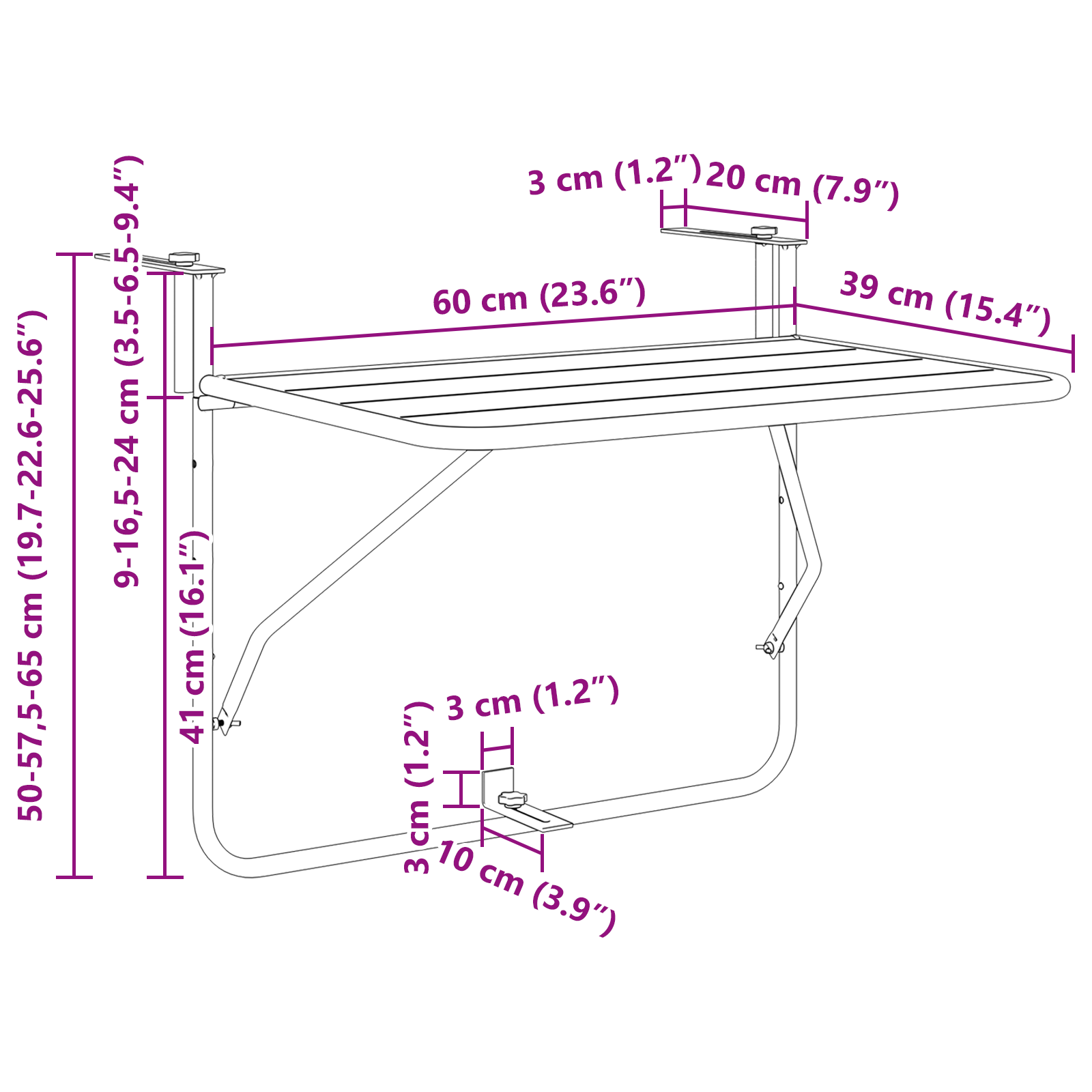 Foldable Black Hanging Balcony Table 60x40 cm Steel - Image 11
