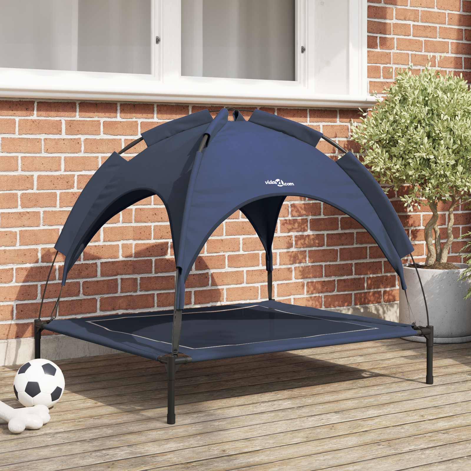 Raised Dog Bed with Removable Roof Navy Blue L Steel