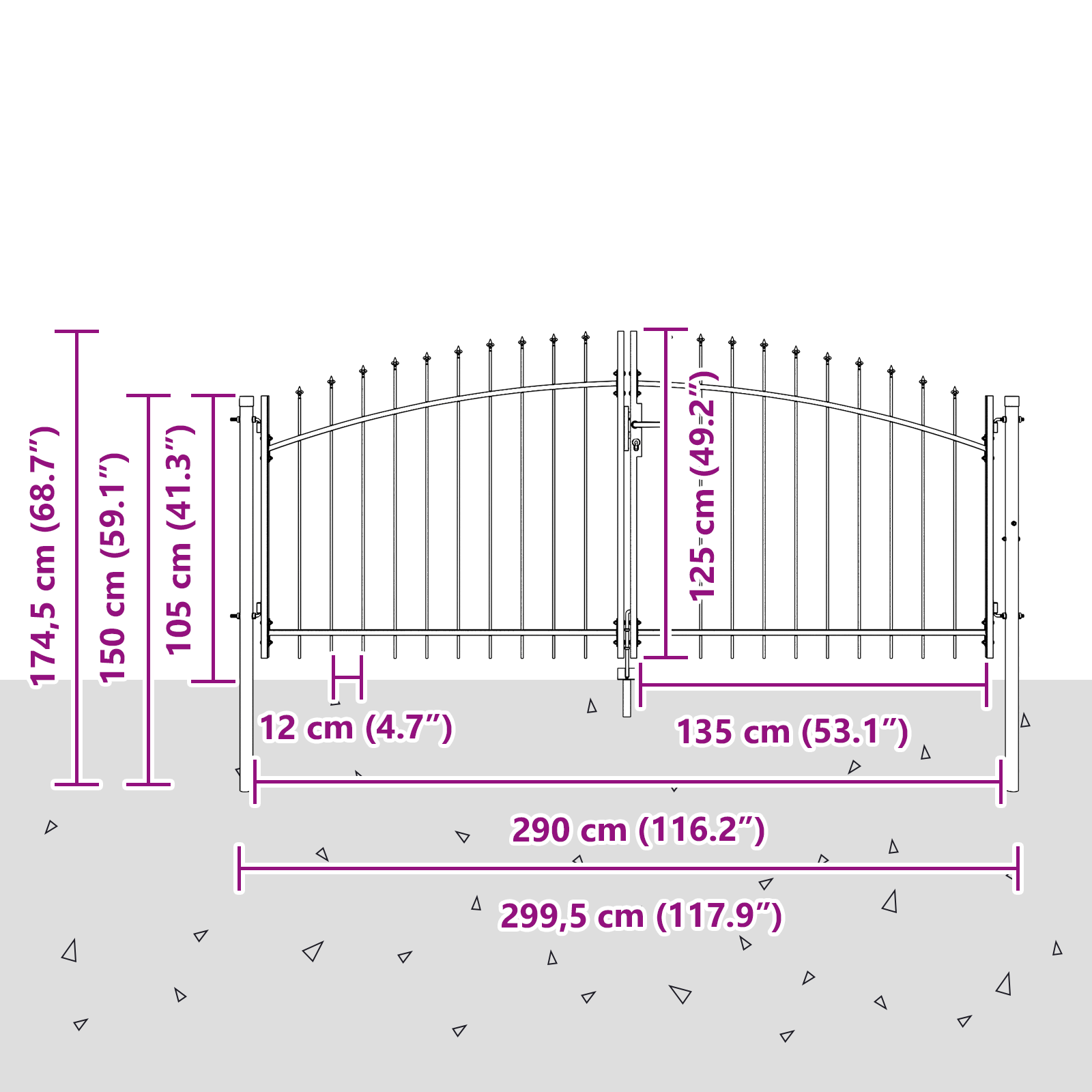 Garden Gate with Spear Top Dual Swing Grey 125x300 cm Steel - Image 7