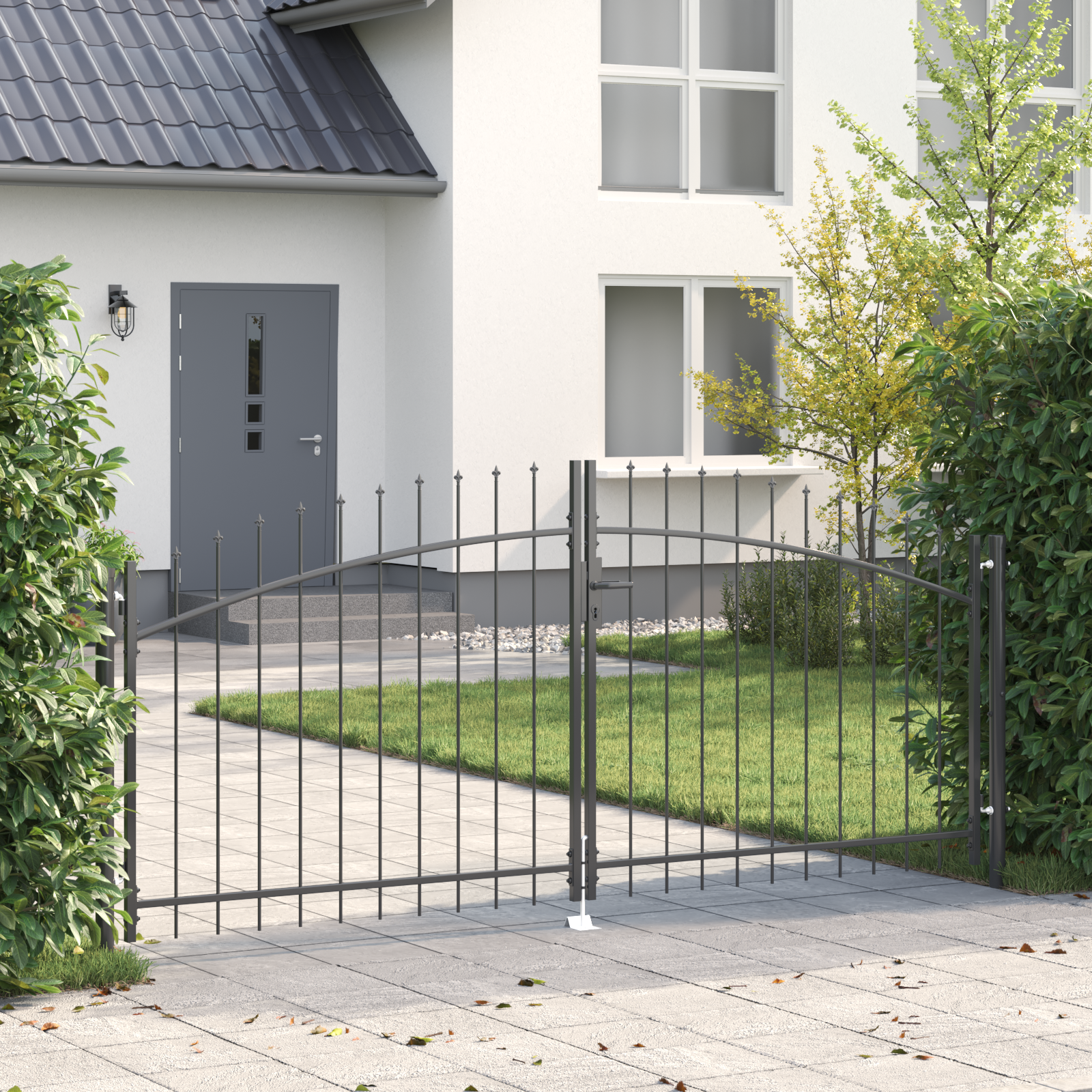 Garden Gate with Spear Top Dual Swing Grey 150x300 cm Steel
