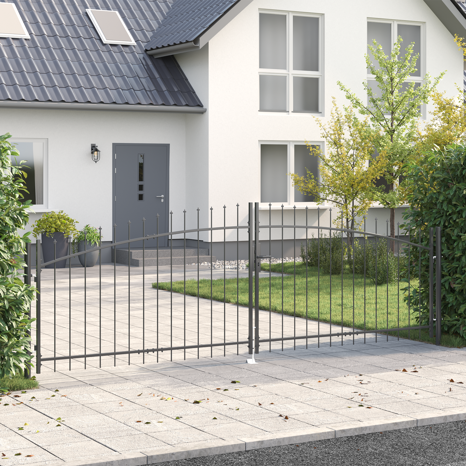 Garden Gate with Spear Top Dual Swing Grey 125x400 cm Steel