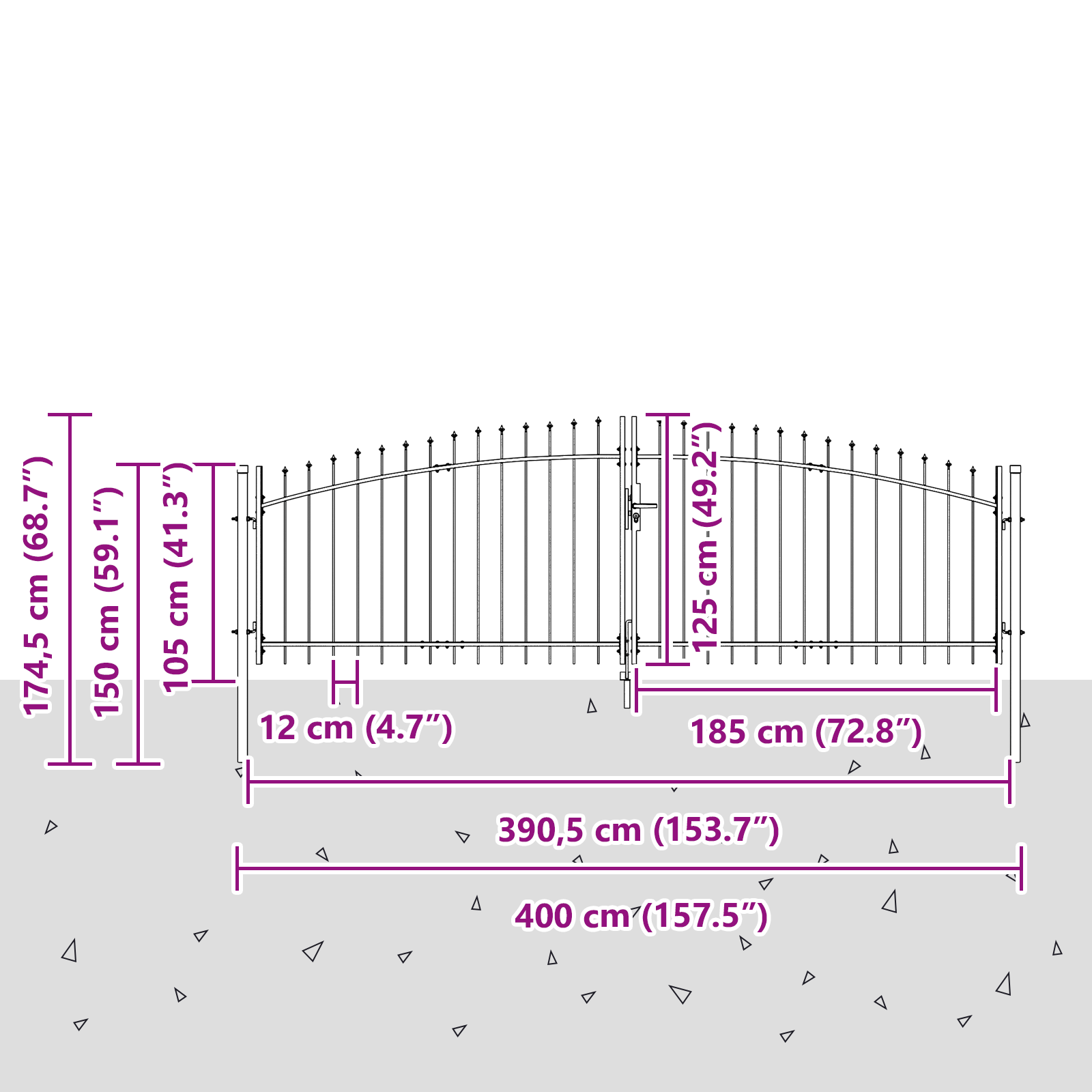 Garden Gate with Spear Top Dual Swing Grey 125x400 cm Steel - Image 7