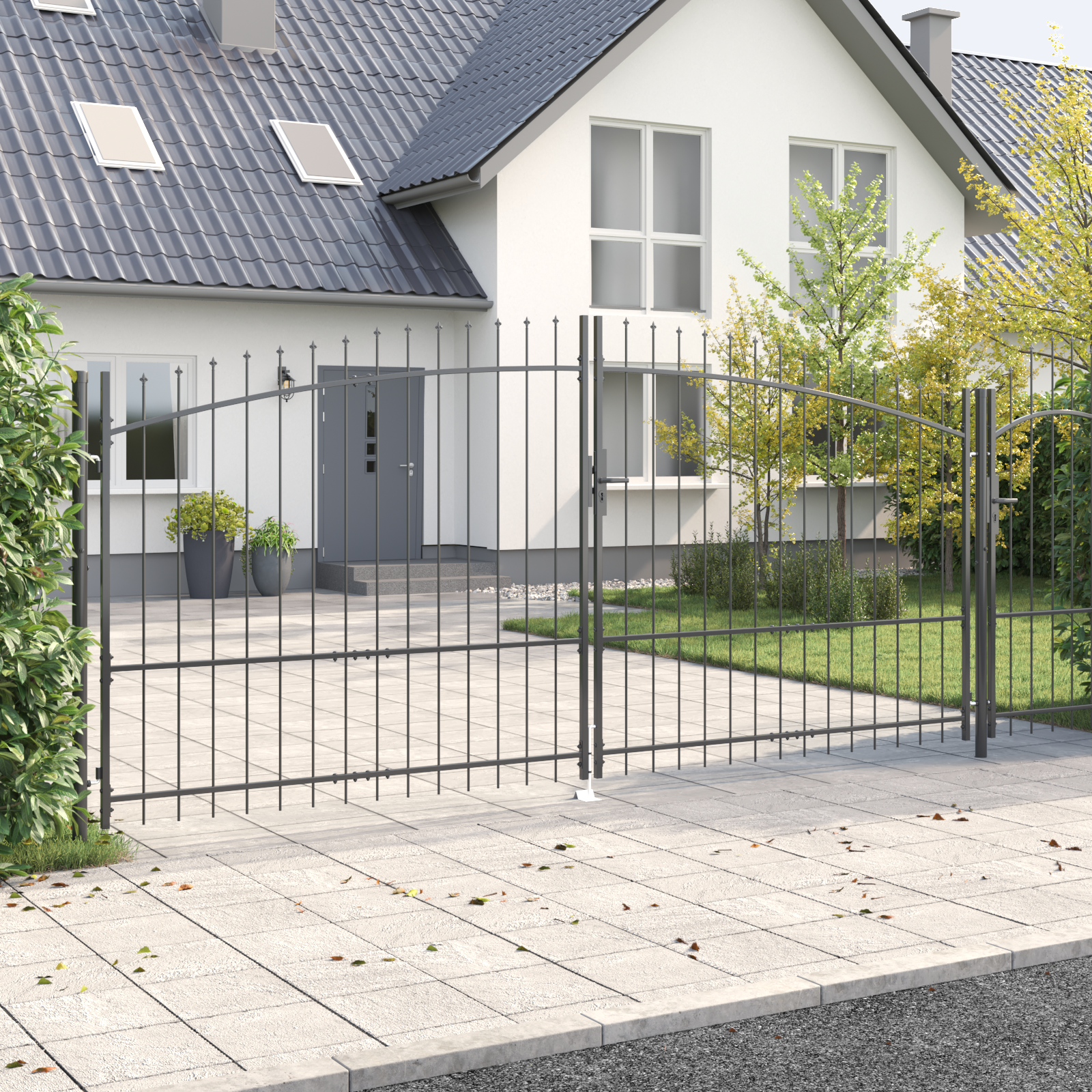 Garden Gate with Spear Top Dual Swing Grey 175x400 cm Steel - Image 3