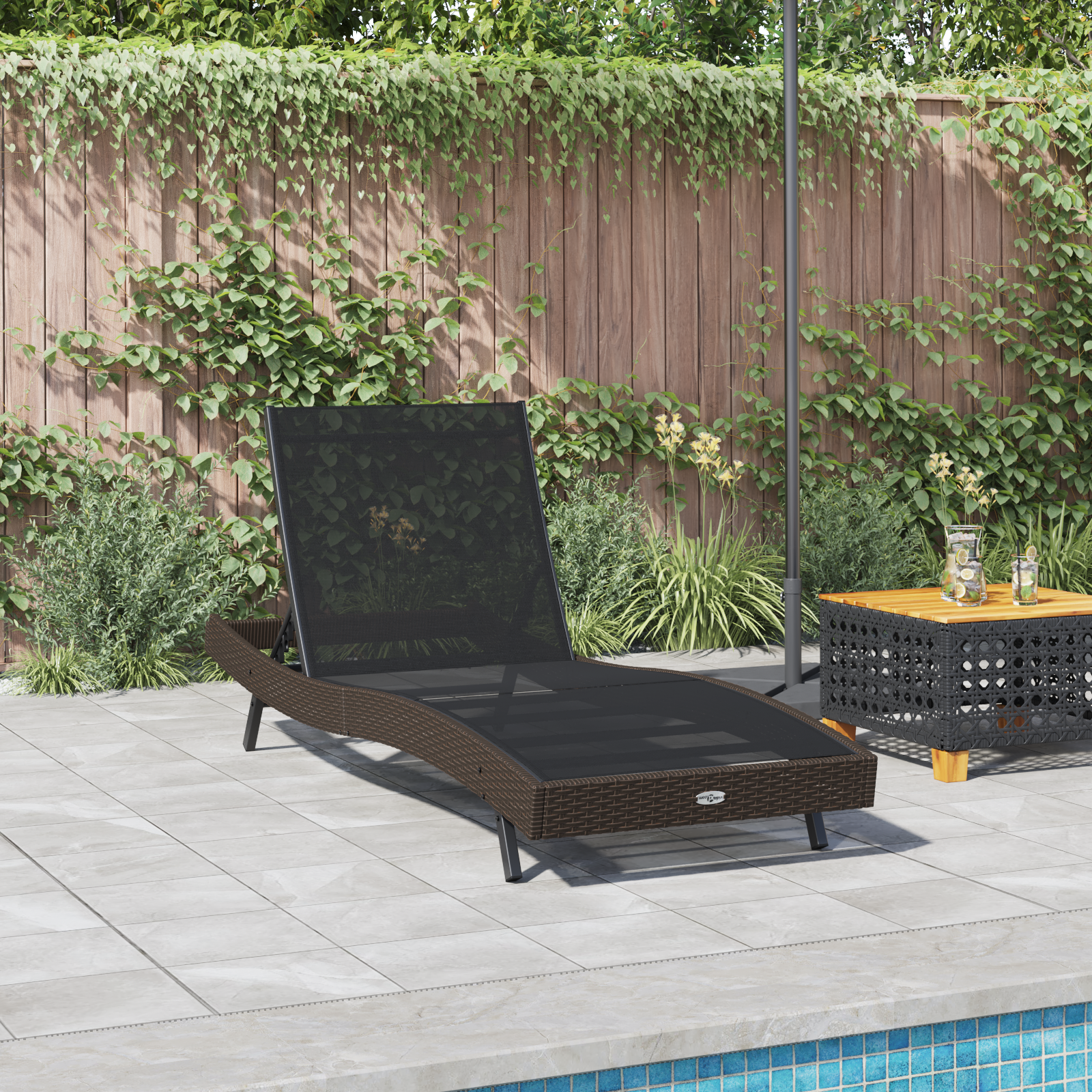 Sun Lounger Brown Poly Rattan and Textilene - Image 3