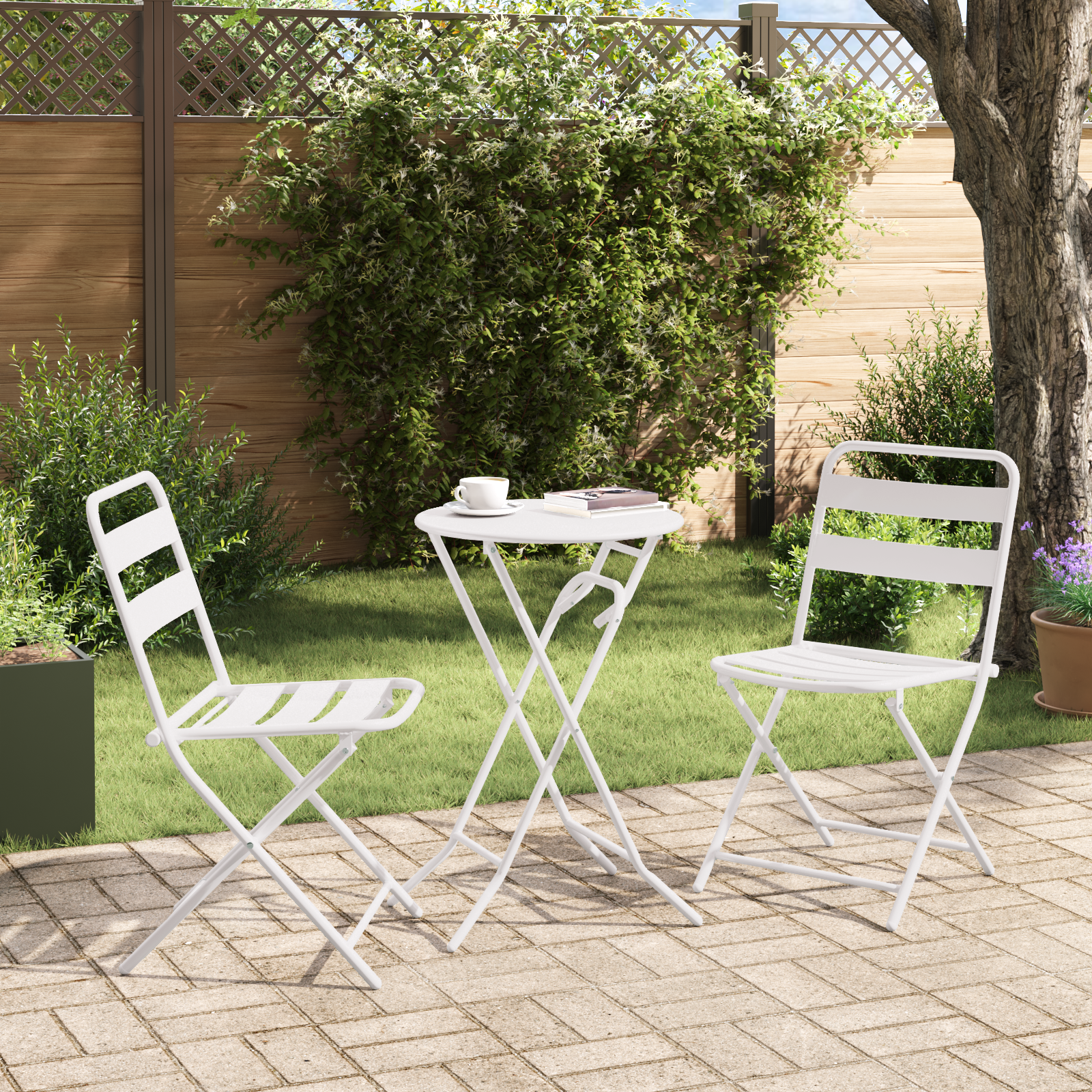 3 Piece Folding Bistro Set White Steel - Image 4