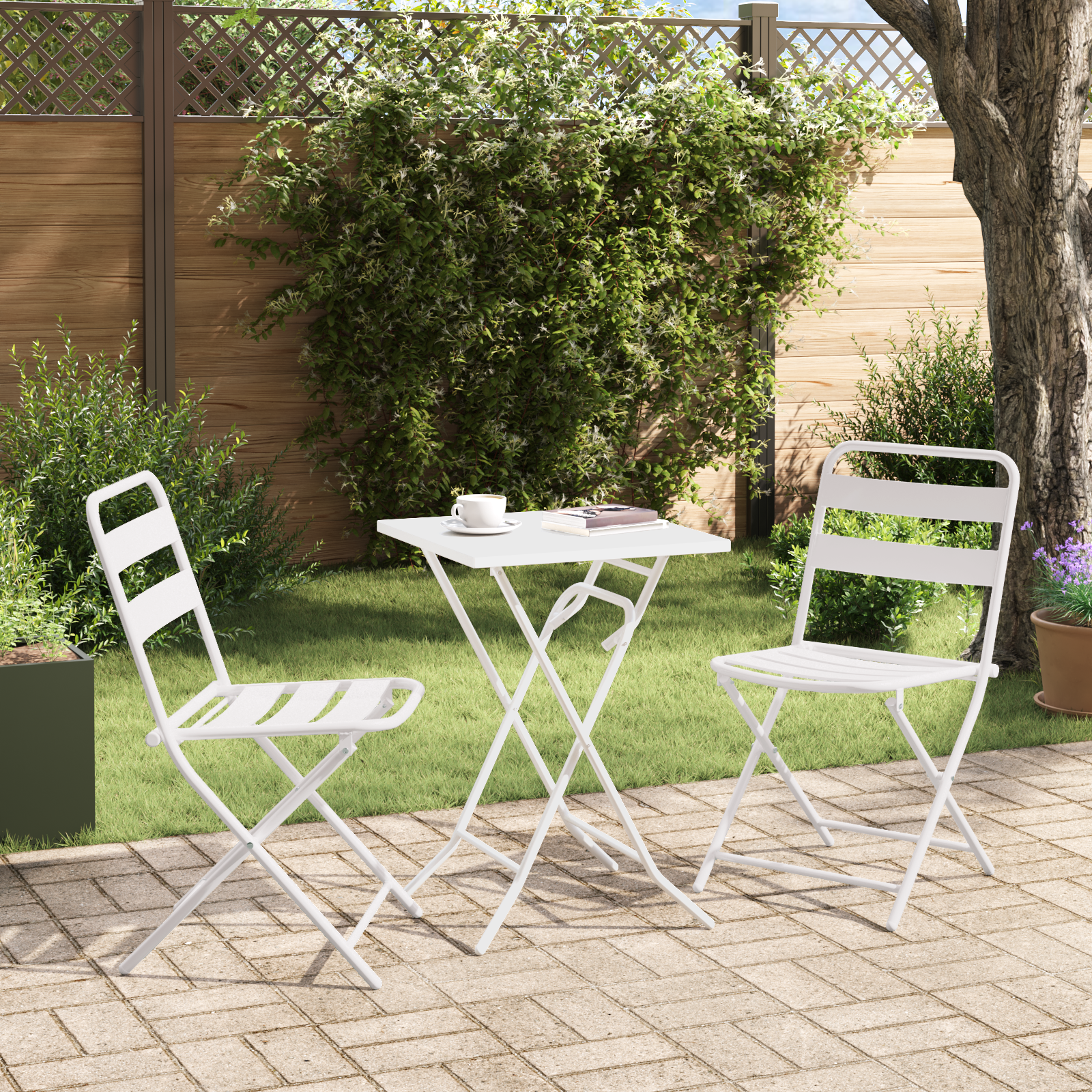 3 Piece Folding Bistro Set White Steel - Image 4