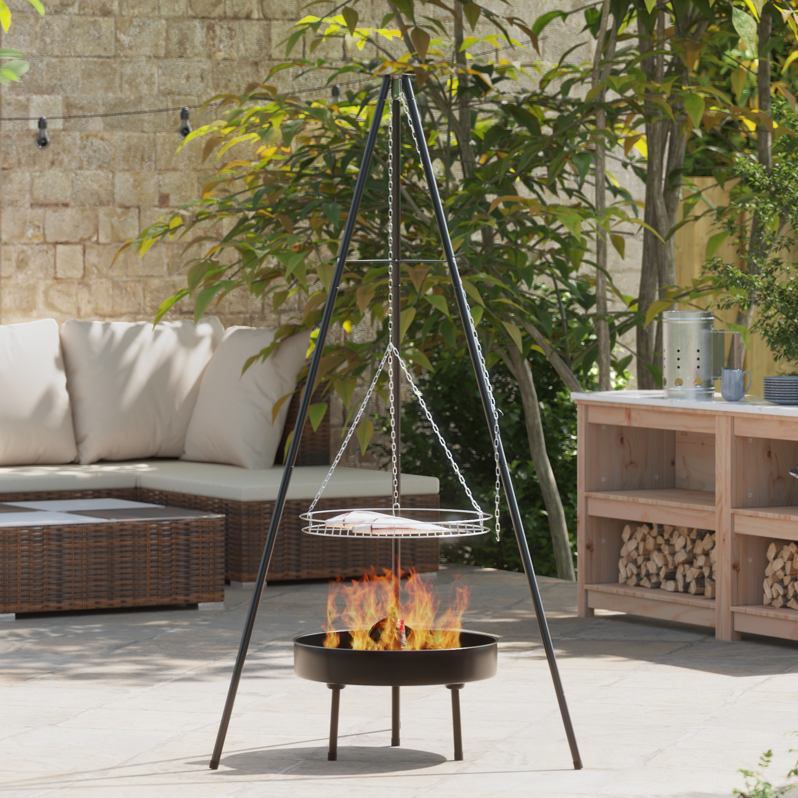 Kampvuur kook tripod met grill rooster en vuur tray 170 cm