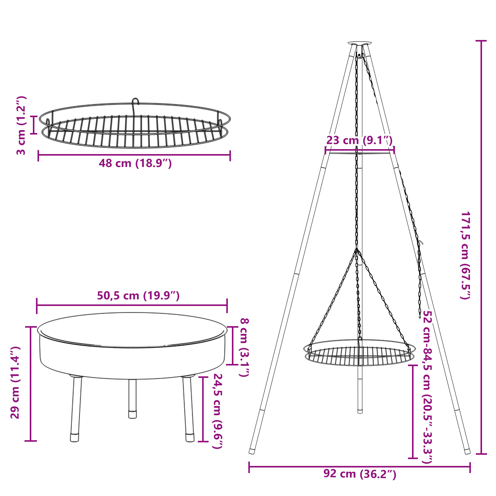 Campfire Cooking Tripod with Grill Grate and Fire Tray 170 cm - Image 9