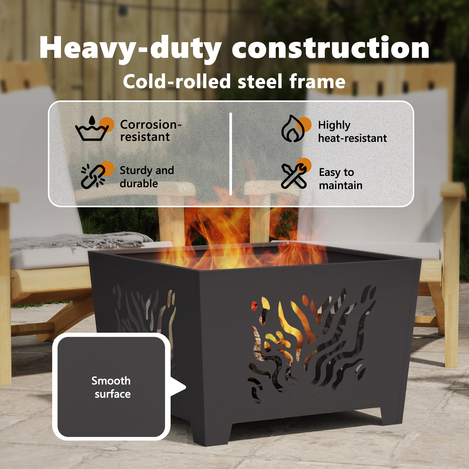 Fire Pit Square Black 60x60x40 cm Steel - Image 8