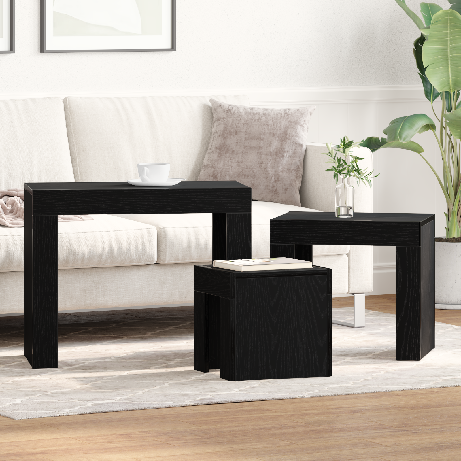 3-Piece Nesting Coffee Table Set - Black Oak Engineered Wood