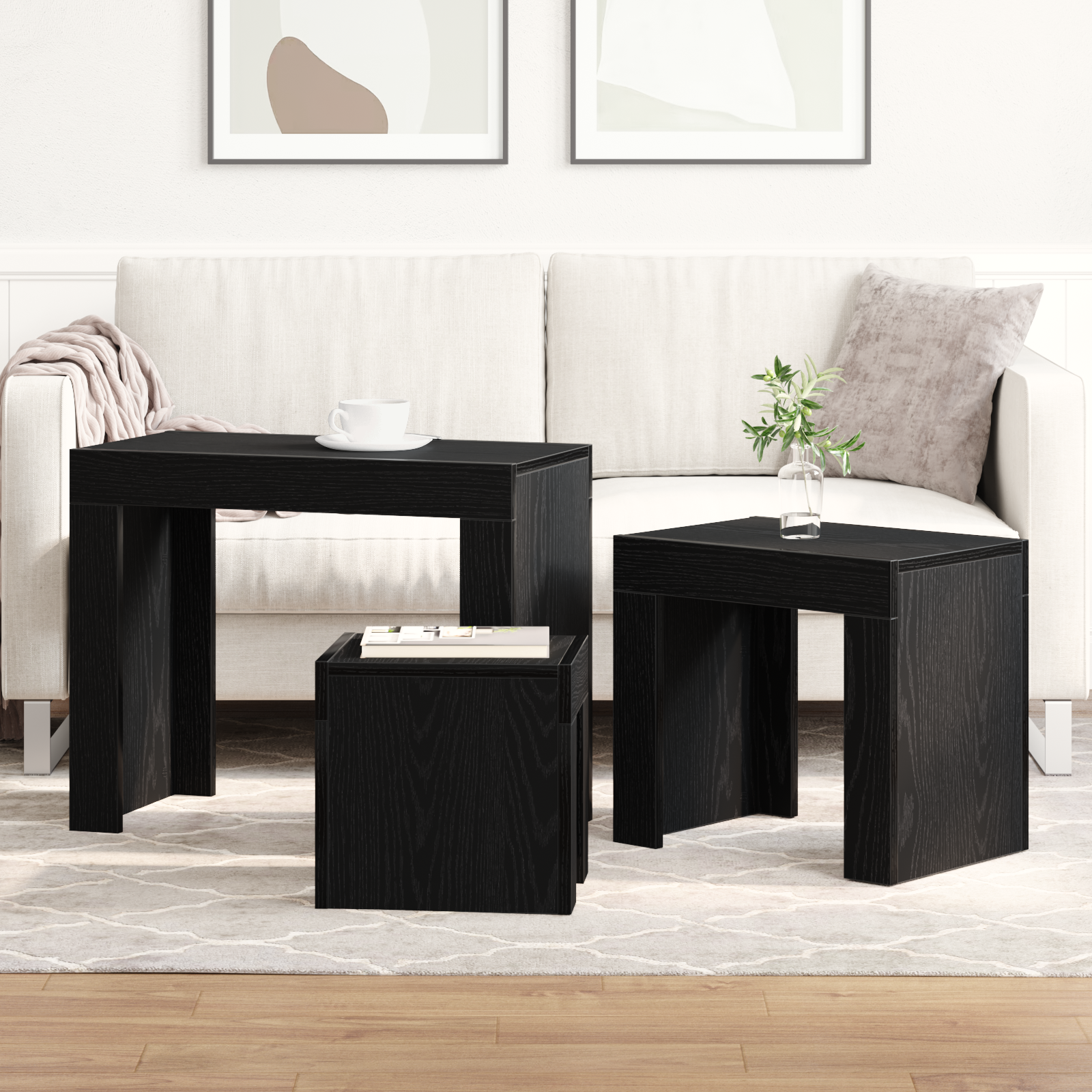 3-Piece Nesting Coffee Table Set - Black Oak Engineered Wood - Image 4