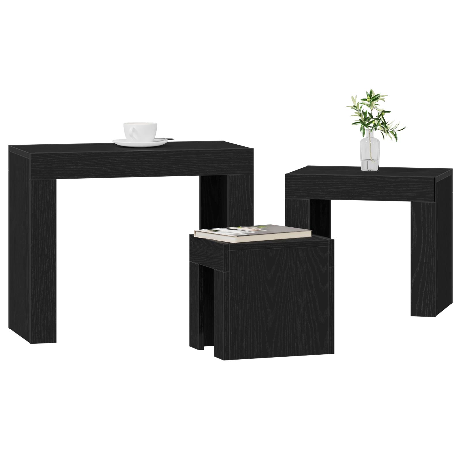 3-Piece Nesting Coffee Table Set - Black Oak Engineered Wood - Image 3