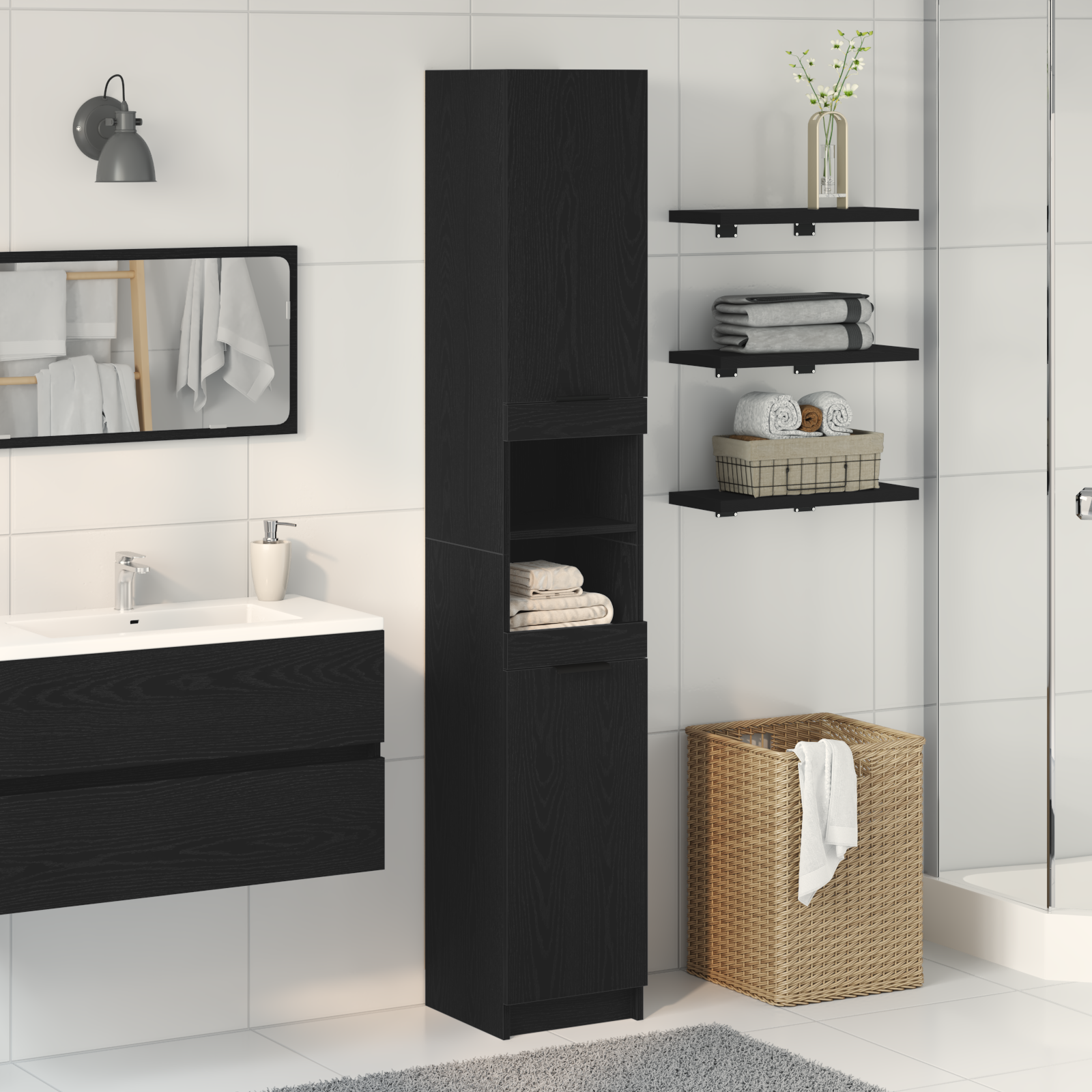 Black Oak Bathroom Cabinet - 32x34x188.5 cm, Made from Engineered Wood