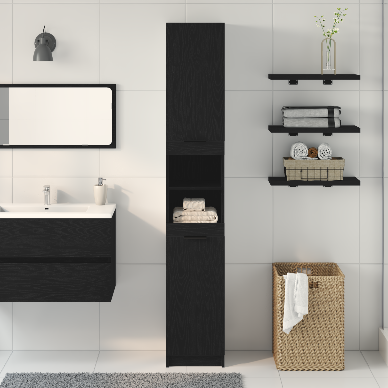 Black Oak Bathroom Cabinet - 32x34x188.5 cm, Made from Engineered Wood - Image 4