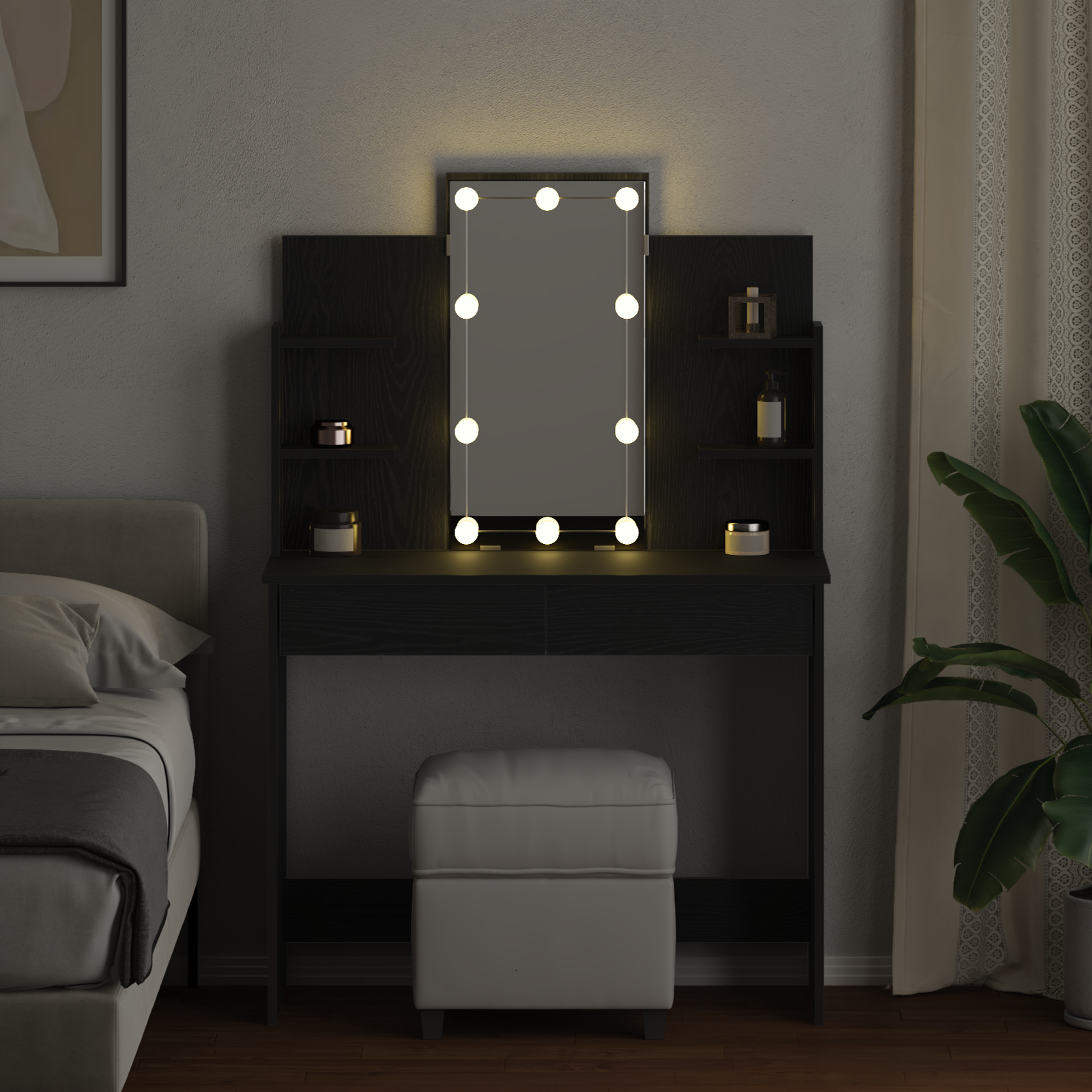 Dressing Table with LED Lights Black Oak 96x40x142 cm - Image 4