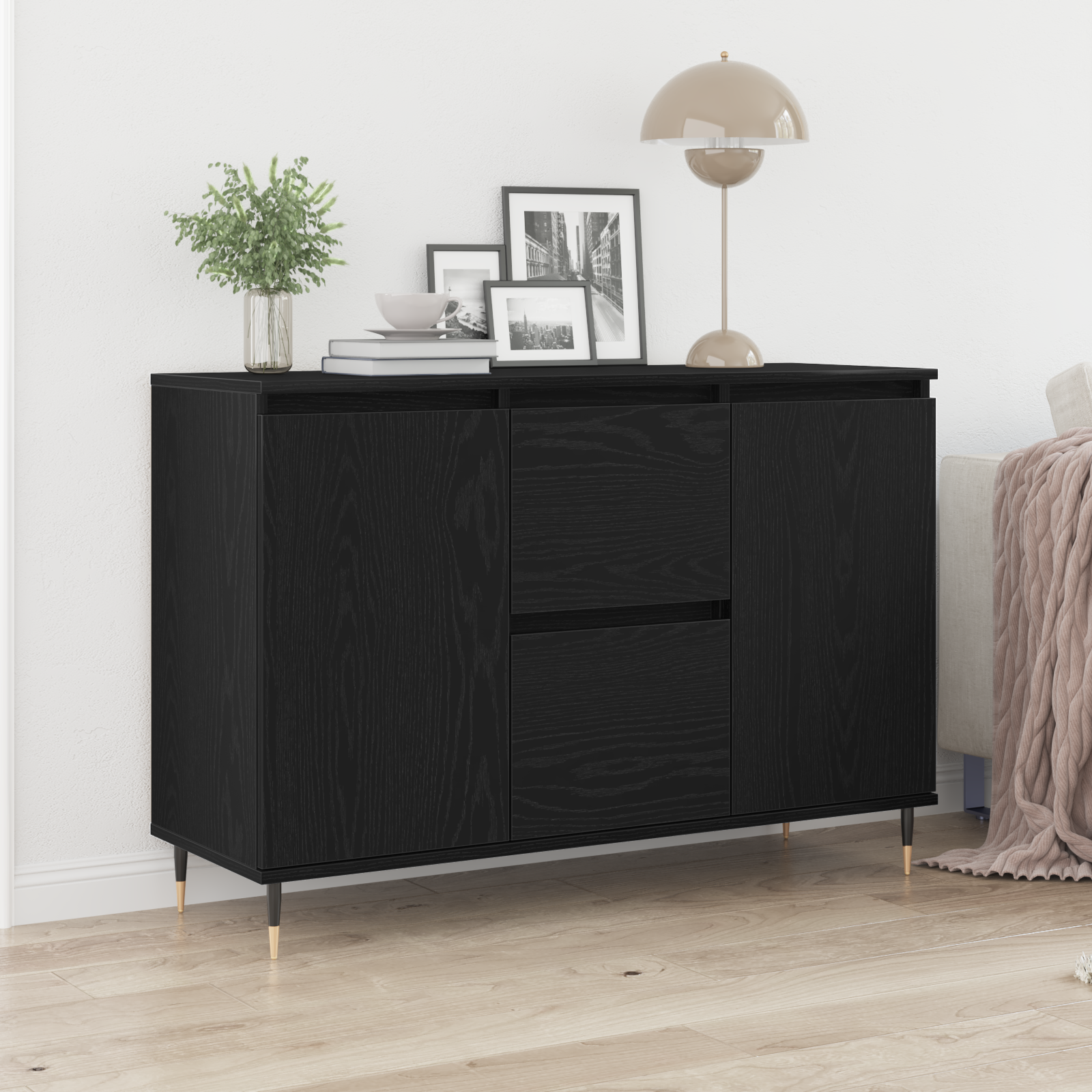 Sideboard with Doors & Drawers Black Oak 101,5x35x70 cm