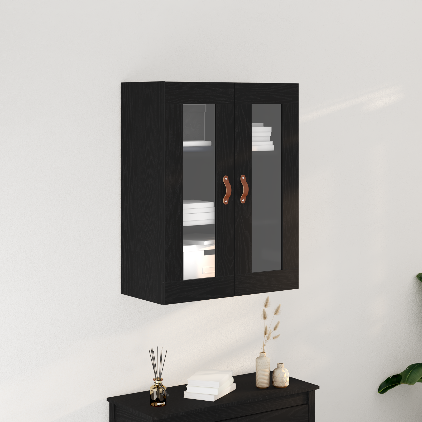 Wall-Mounted Cabinet with Glass Doors Black Oak 69,5x34x90 cm