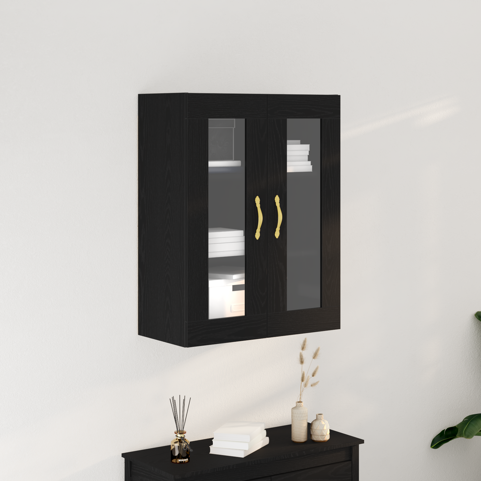 Wall-Mounted Cabinet with Glass Doors Black Oak 69,5x34x90 cm