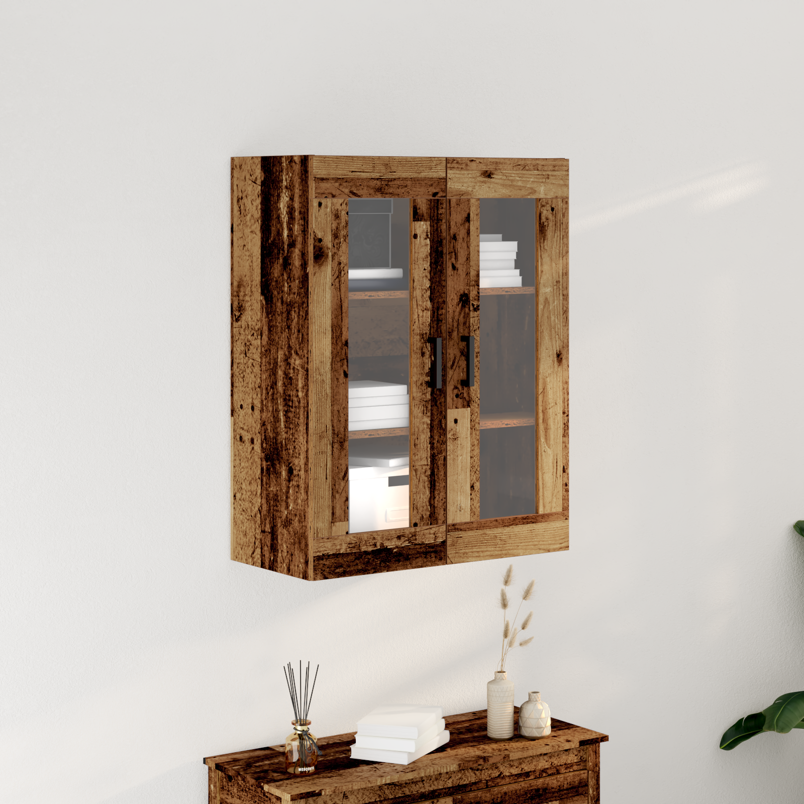 Wall-Mounted Cabinet with Glass Doors - Old Wood - 69.5x34x90 cm