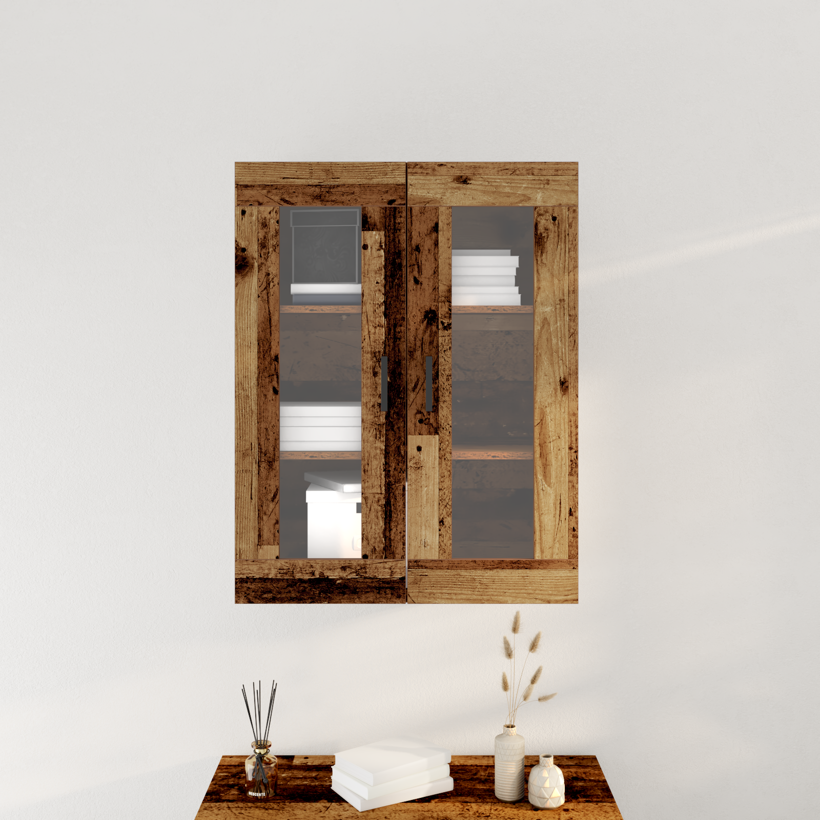 Wall-Mounted Cabinet with Glass Doors - Old Wood - 69.5x34x90 cm - Image 4