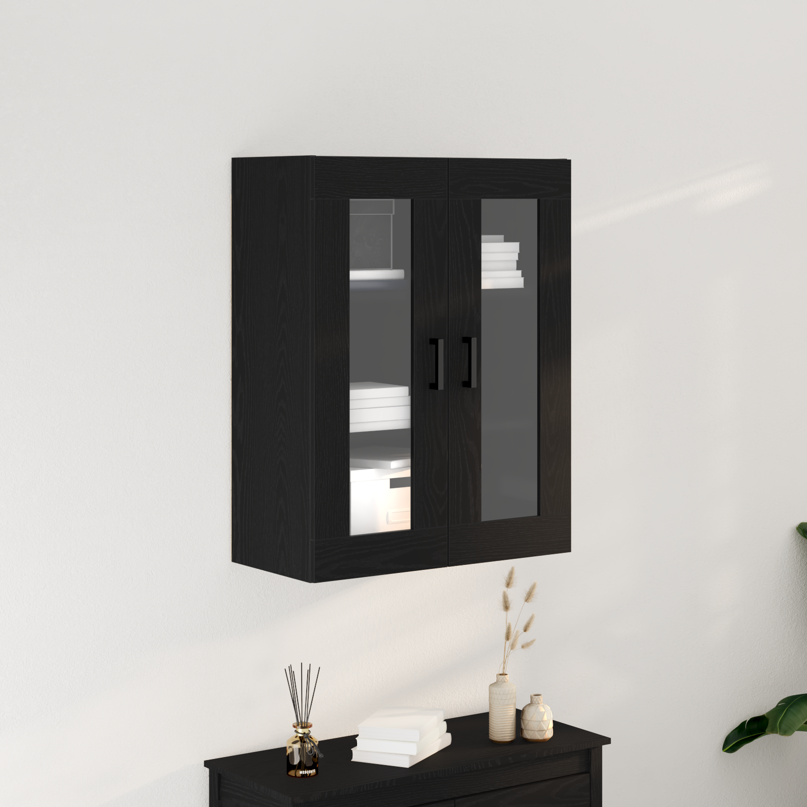 Wall-Mounted Cabinet with Glass Doors Black Oak 69.5x34x90 cm