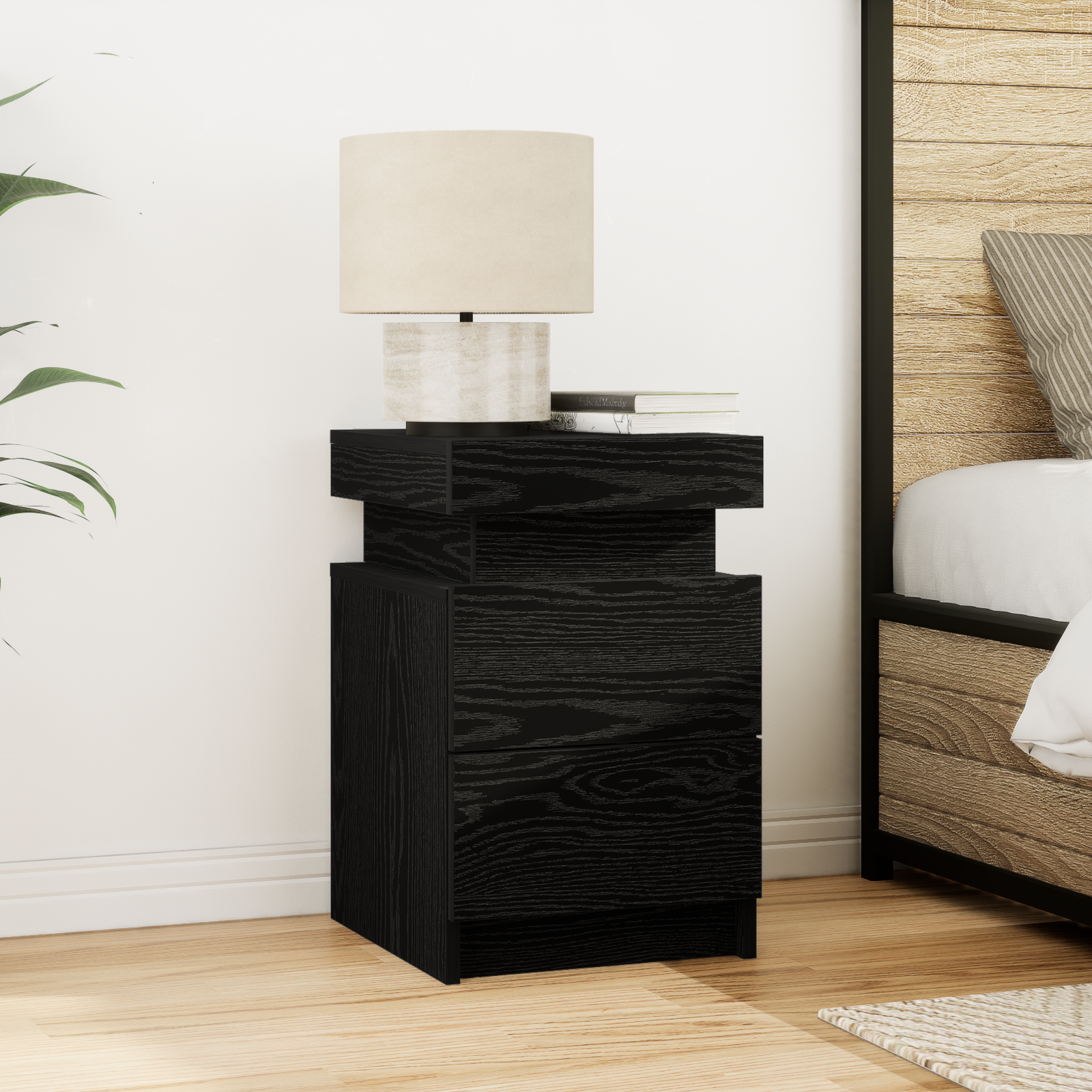 Bedside Cabinet with LED Lights 2 pcs Black Oak 35x39x55 cm - Image 4