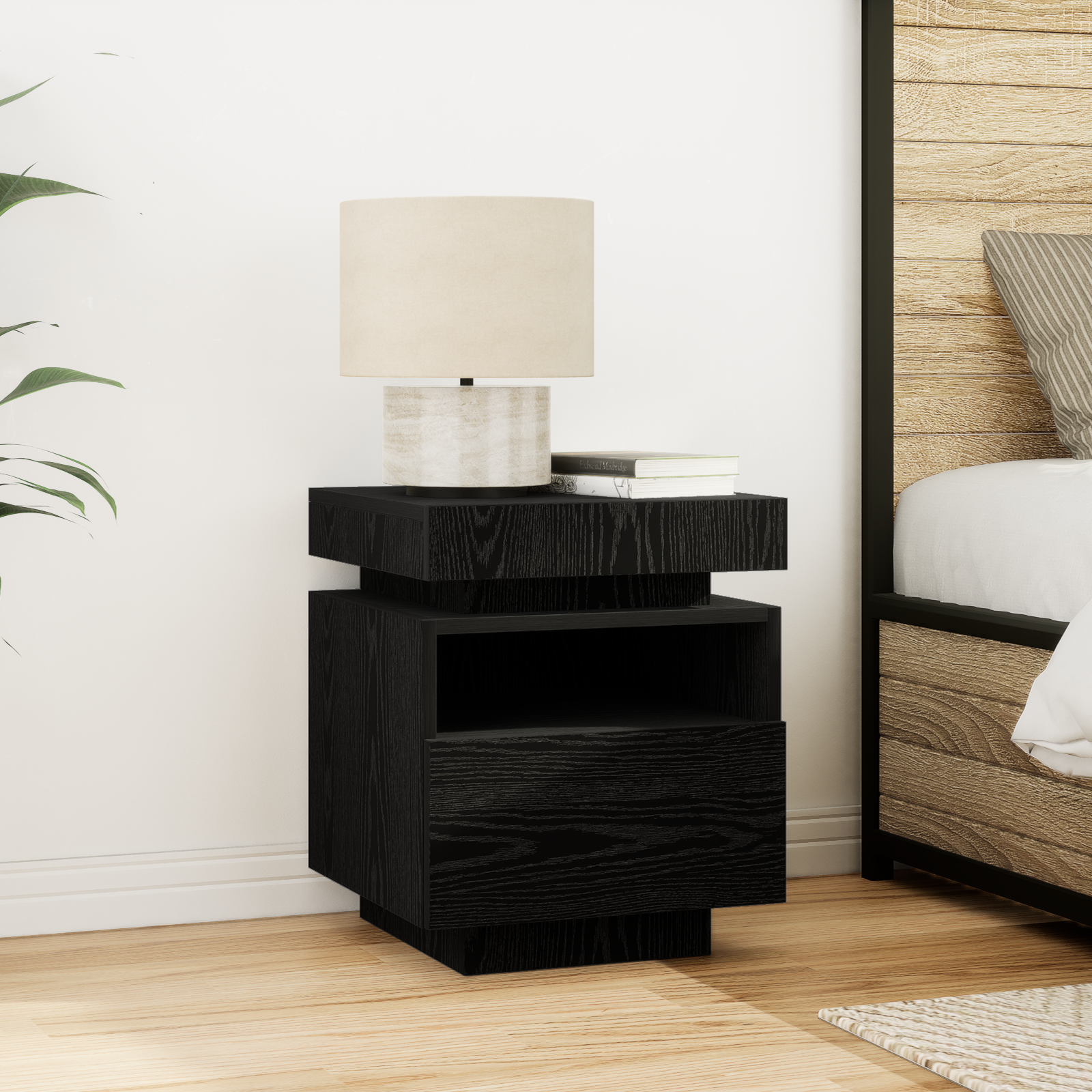 Bedside Cabinet with LED Lights Black Oak 40x39x48,5 cm