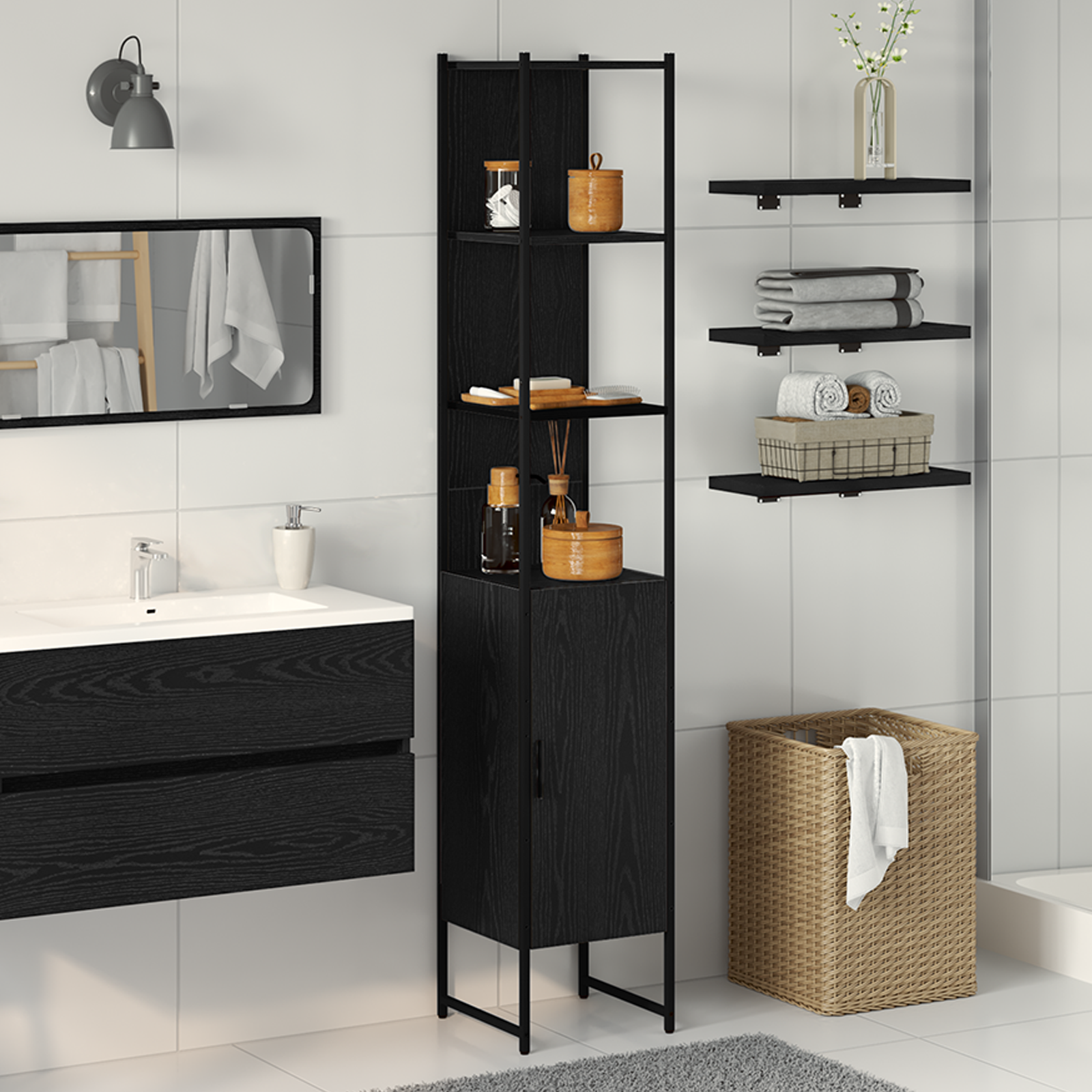 Bathroom Cabinet Black Oak 33x33x185,5 cm Engineered Wood