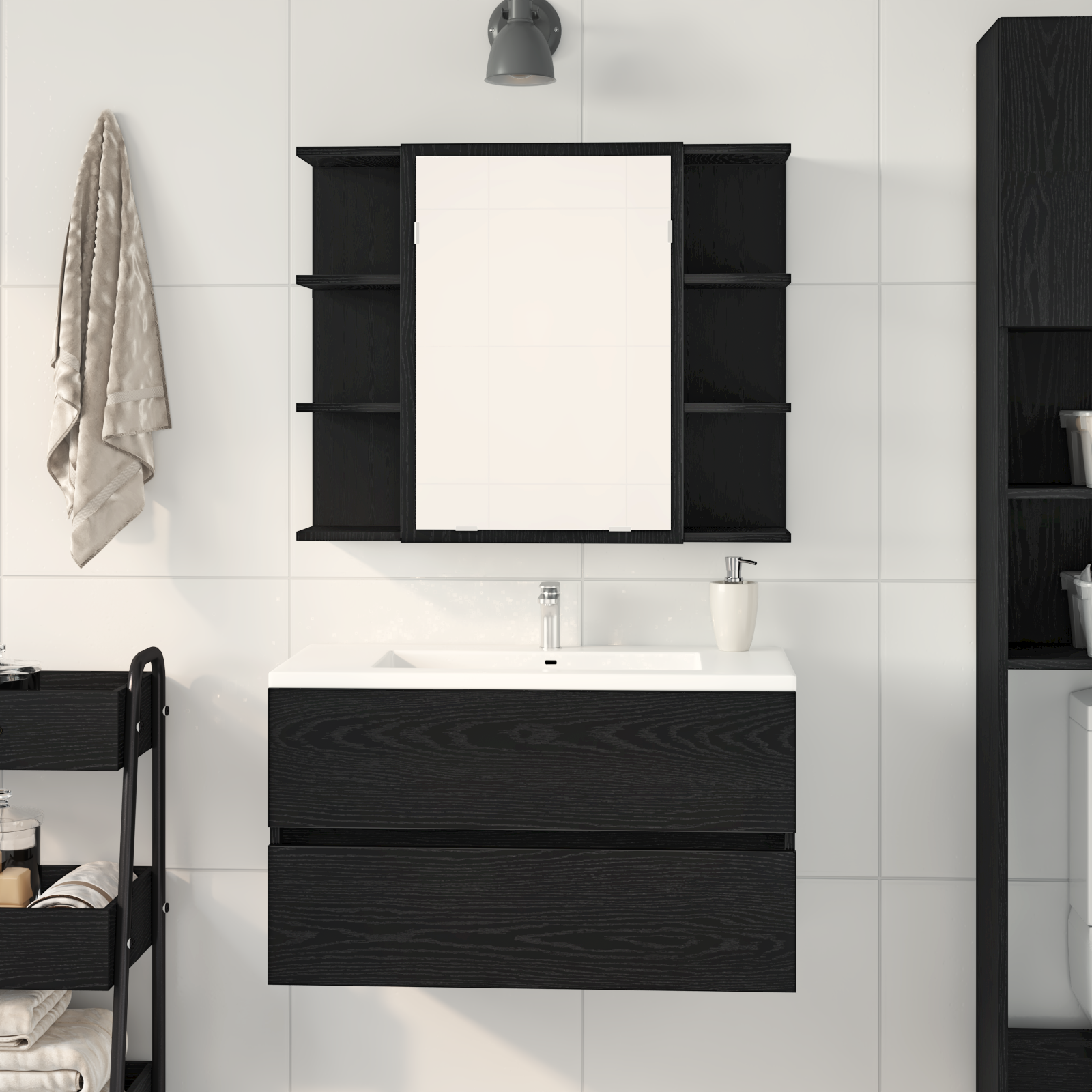 Mirror Cabinet Black Oak Solid Oak Wood Compact Bathroom Vanity - Image 4