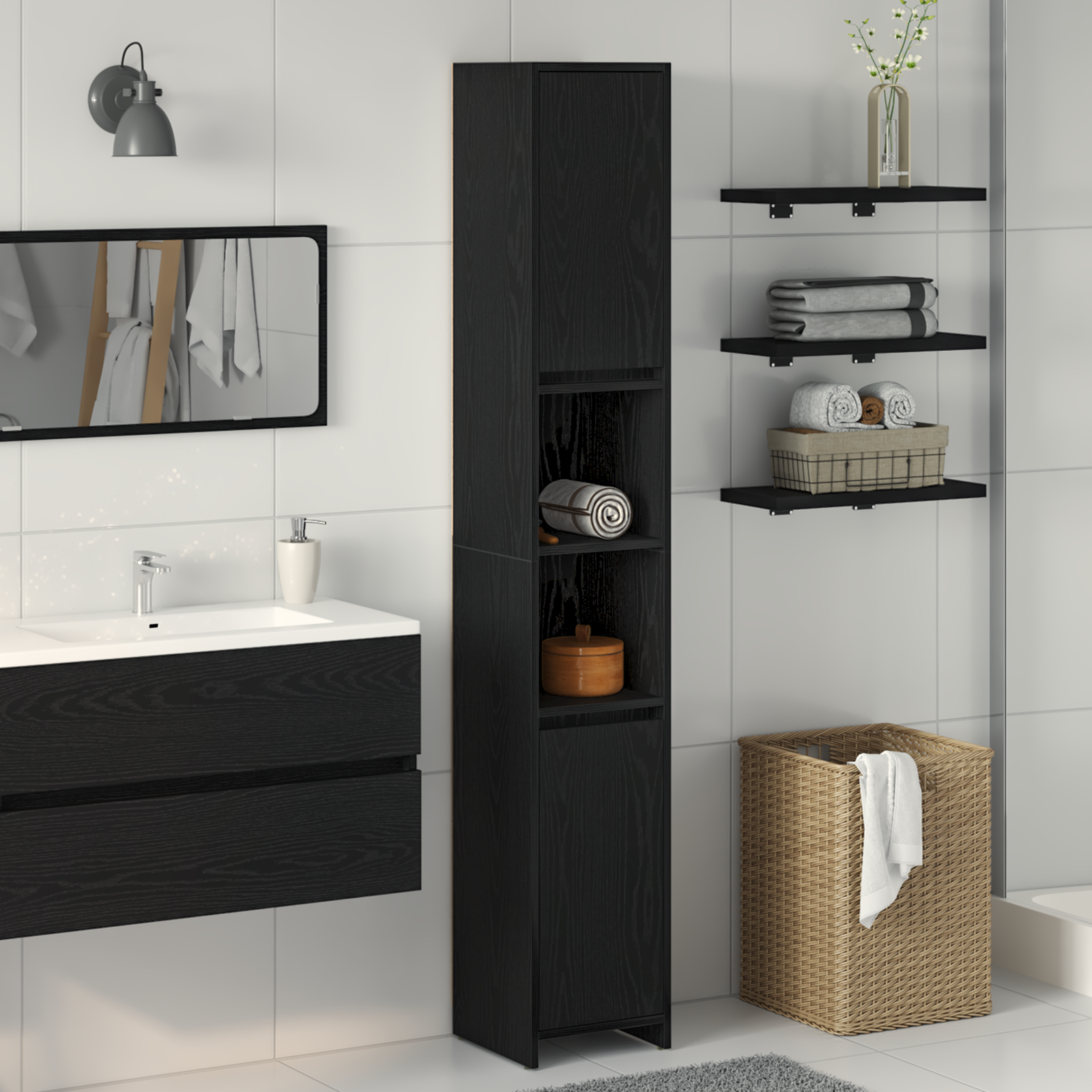 Bathroom Cabinet Black Oak 30x30x183,5 cm Engineered wood