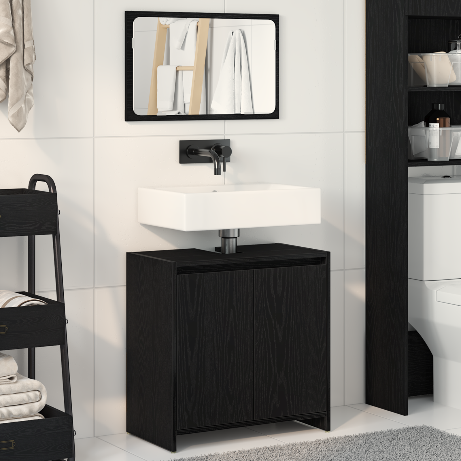 Black Oak Bathroom Cabinet with Mirror - 60x33x61 cm, Made of Engineered Wood