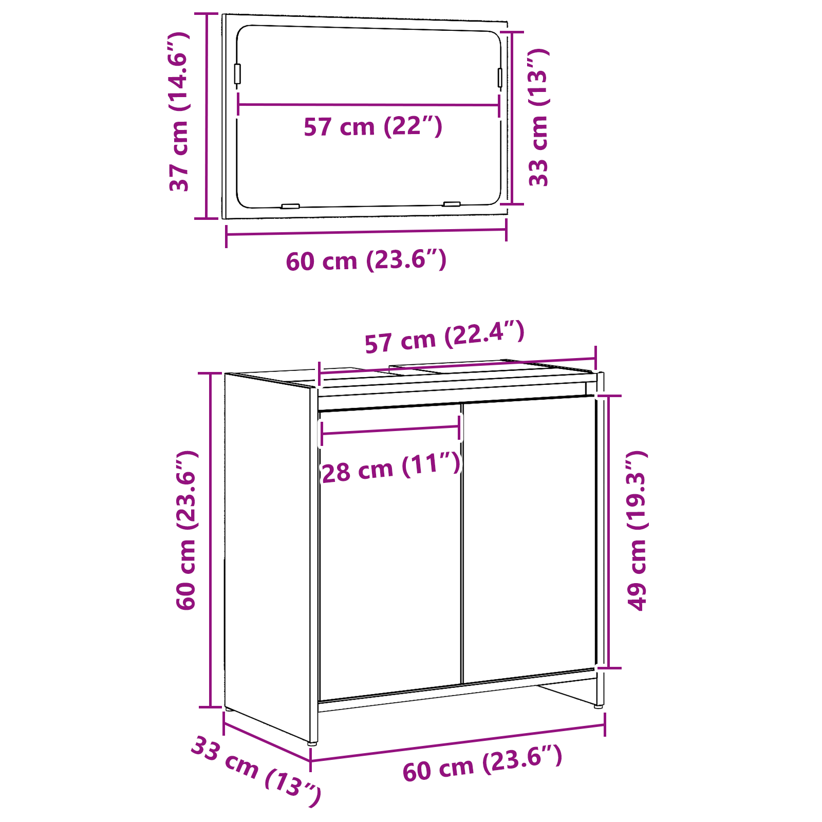 Black Oak Bathroom Cabinet with Mirror - 60x33x61 cm, Made of Engineered Wood - Image 11