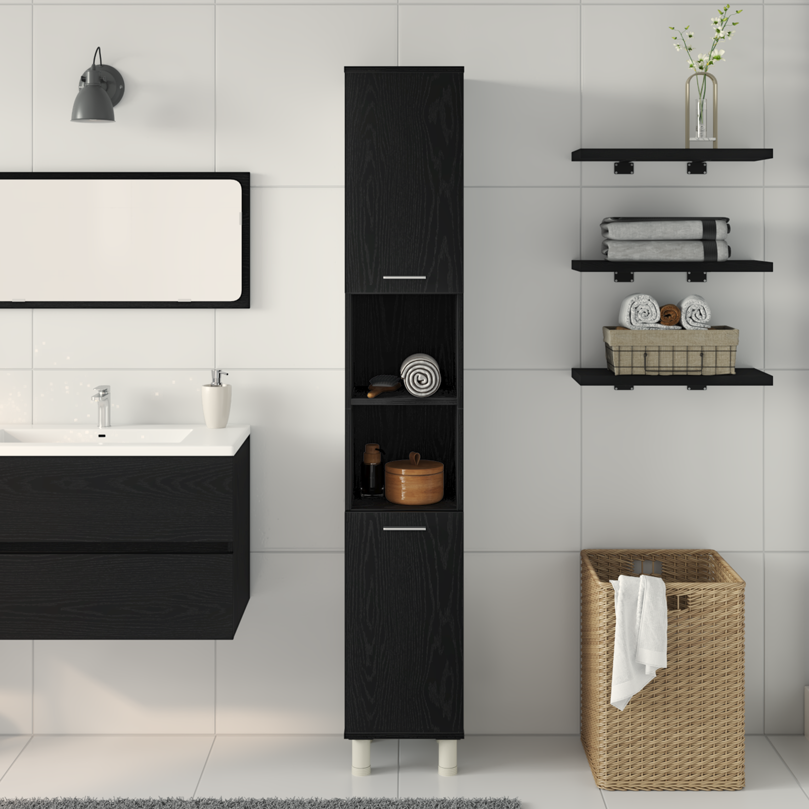 Black Oak Bathroom Cabinet - 30x30x179 cm, Made of Engineered Wood - Image 4